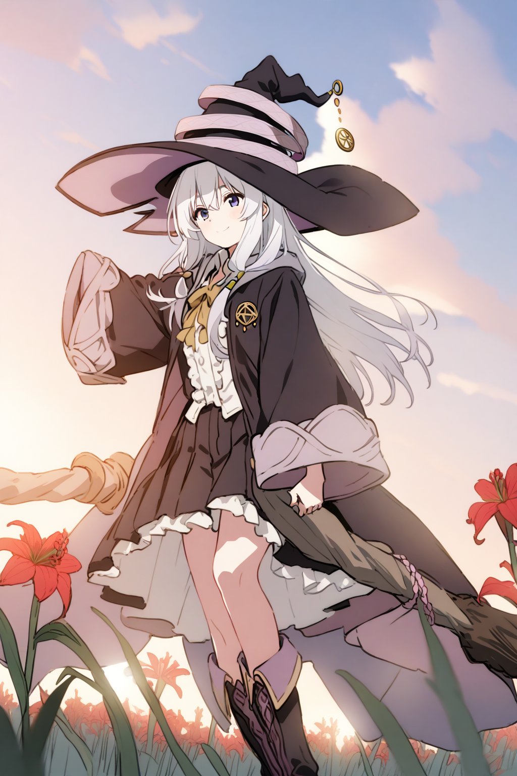 score_9, score_8_up, score_7_up, score_6_up, masterpiece, best quality, accurate anatomy, highres, absurdres, beautiful lighting, natural light,
1girl, rio futaba, long hair, pants, witch, (full angle, soft smile, amaryllis, blue sky field, white hair, elaina \(majo no tabitabi\), journey of elaina, dominant pose, flying in witch broom, gothic boots