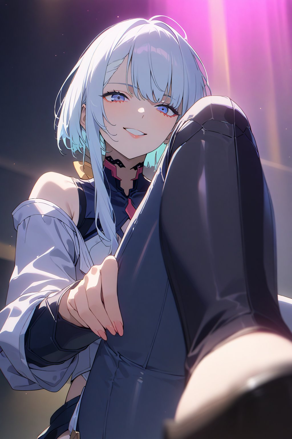 score_9, score_8_up, score_7_up, score_6_up, masterpiece, best quality, accurate anatomy, highres, absurdres, beautiful lighting,
1girl, lucy (cyberpunk), short hair, (full angle, soft smile, cyberpunk edgerunners, white hair, elaina \(majo no tabitabi\), cyberpunk 2077, dominant pose, stepping on the camera, mischievous grin, gothic boots,lucy \(cyberpunk\)