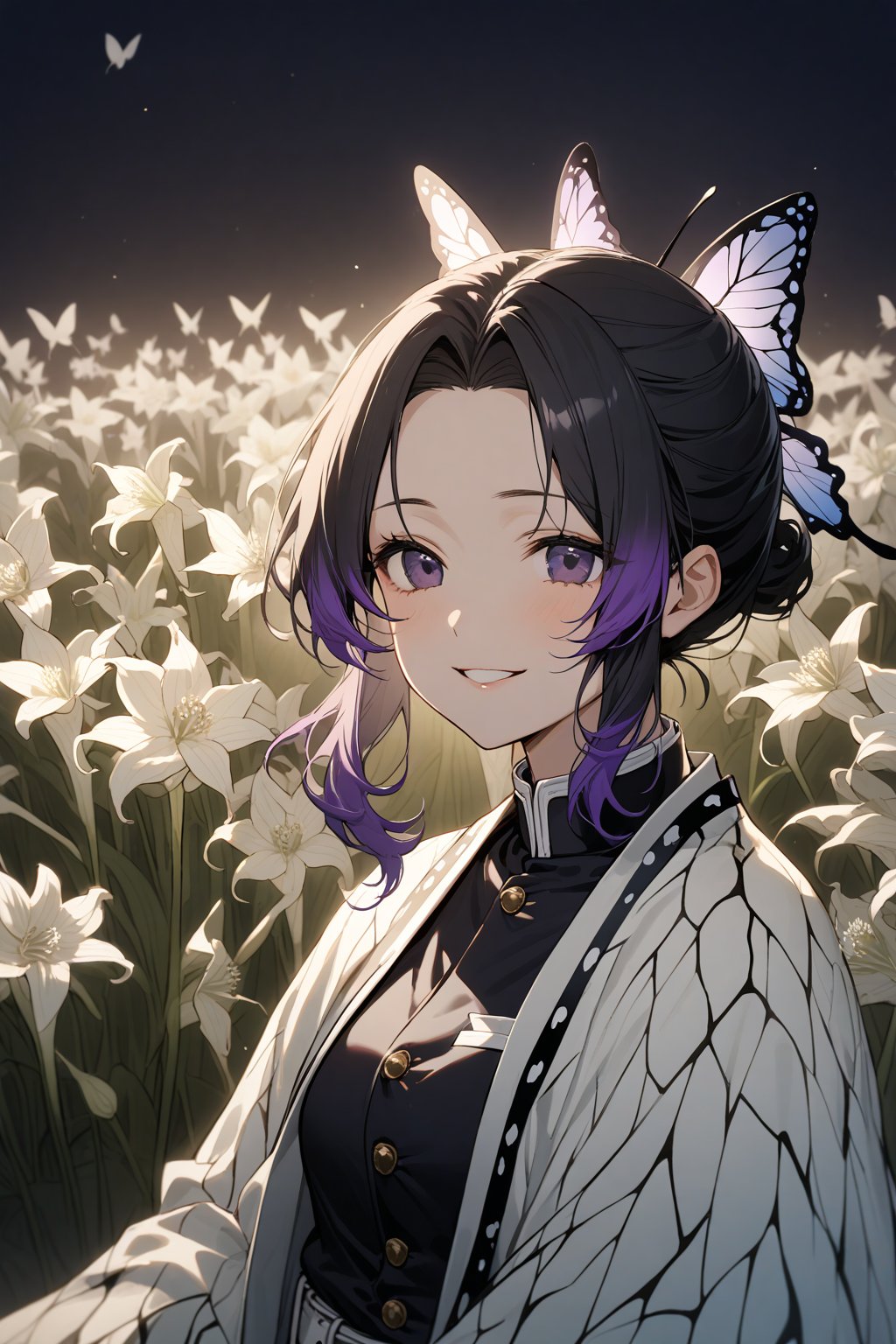 score_9, score_8_up, score_7_up, score_6_up, masterpiece, best quality, highres, absurdres, beautiful lighting, natural light, soft lighting,
1girl, shinobu kochou, animal print, black hair, butterfly, butterfly hair ornament, butterfly print, forehead, gradient hair, hair ornament, haori, multicolored hair, parted bangs, purple hair, short hair, two-tone hair, belt, black pants, butterfly print, coat, demon slayer uniform, haori, japanese clothes, pants, uniform, (portrait, dominant, mischievous smile, field of white flowers, amaryllis, at night, Butterflies fluttering) 