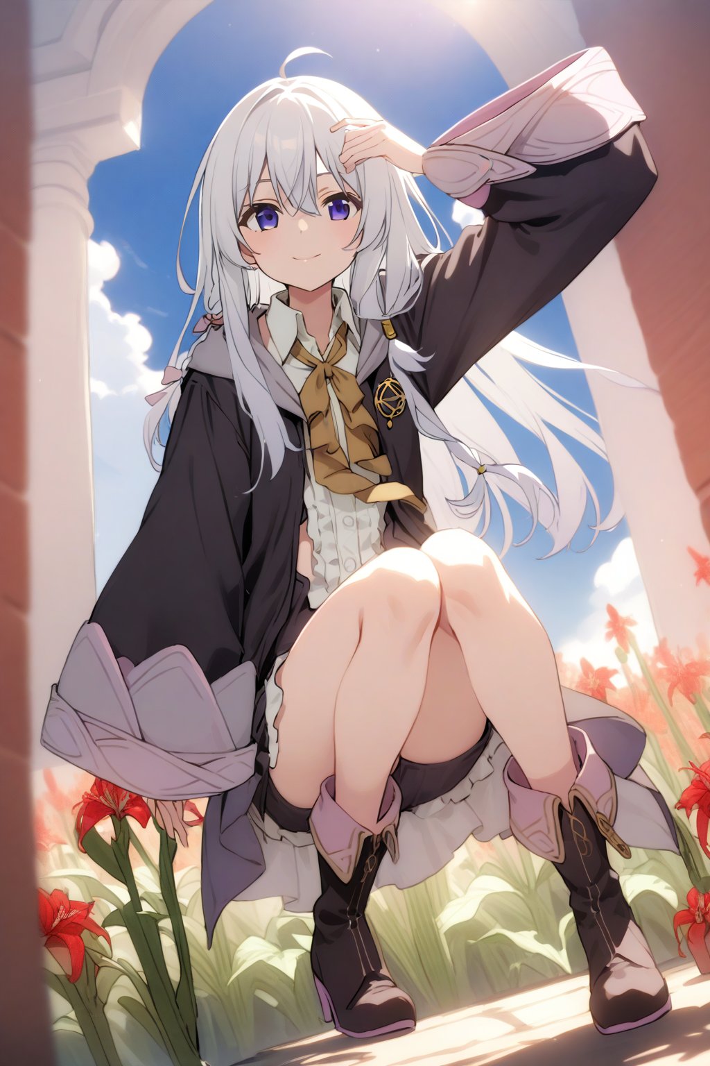 score_9, score_8_up, score_7_up, score_6_up, masterpiece, best quality, accurate anatomy, highres, absurdres, beautiful lighting, natural light,
1girl, rio futaba, long hair, pants, witch, (full angle, soft smile, amaryllis, blue sky field, white hair, elaina \(majo no tabitabi\), journey of elaina, dominant pose, stepping on the camera, gothic boots