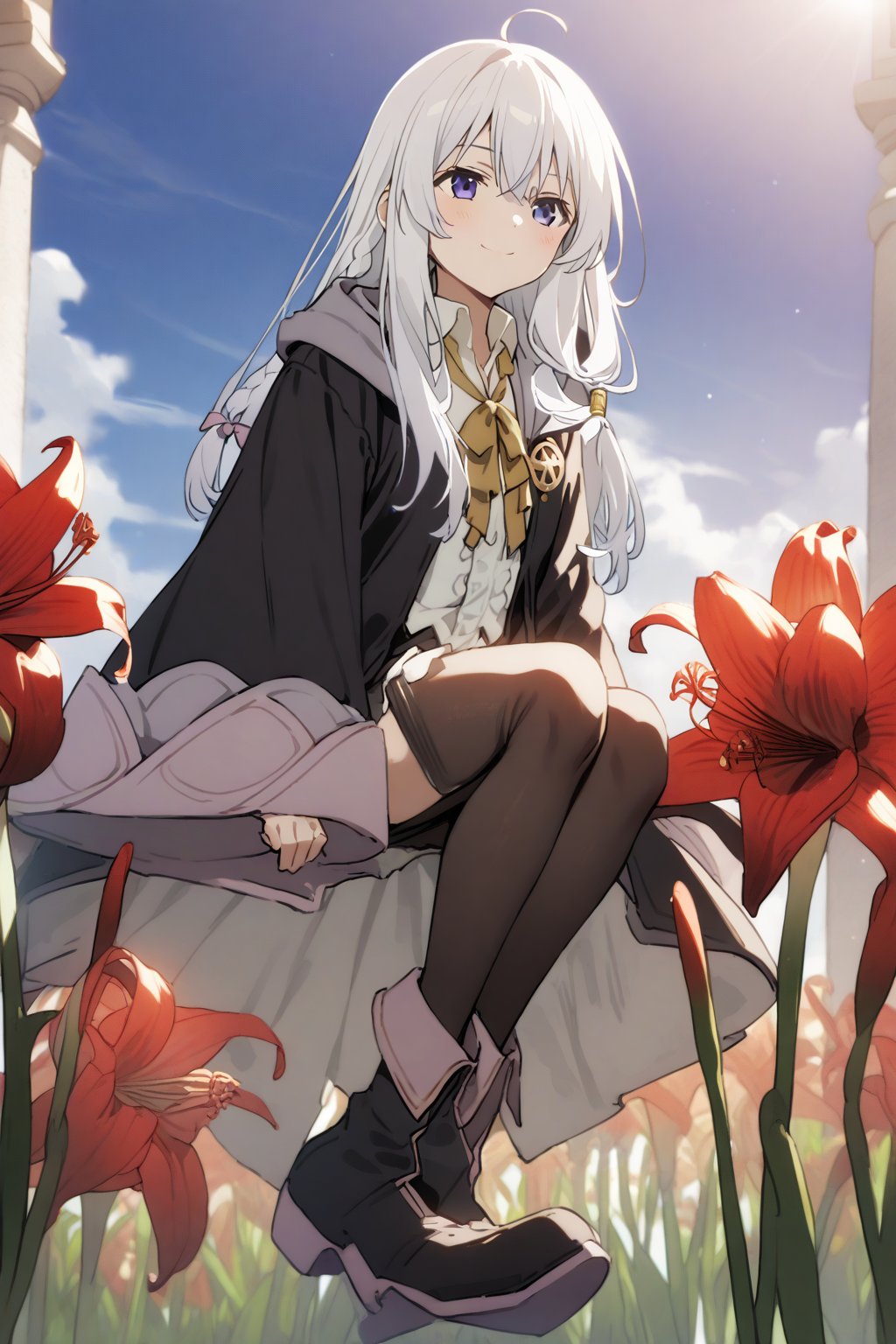 score_9, score_8_up, score_7_up, score_6_up, masterpiece, best quality, accurate anatomy, highres, absurdres, beautiful lighting, natural light,
1girl, rio futaba, long hair, pants, witch, (full angle, soft smile, amaryllis, blue sky field, white hair, elaina \(majo no tabitabi\), journey of elaina, dominant pose, stepping on the camera, gothic boots