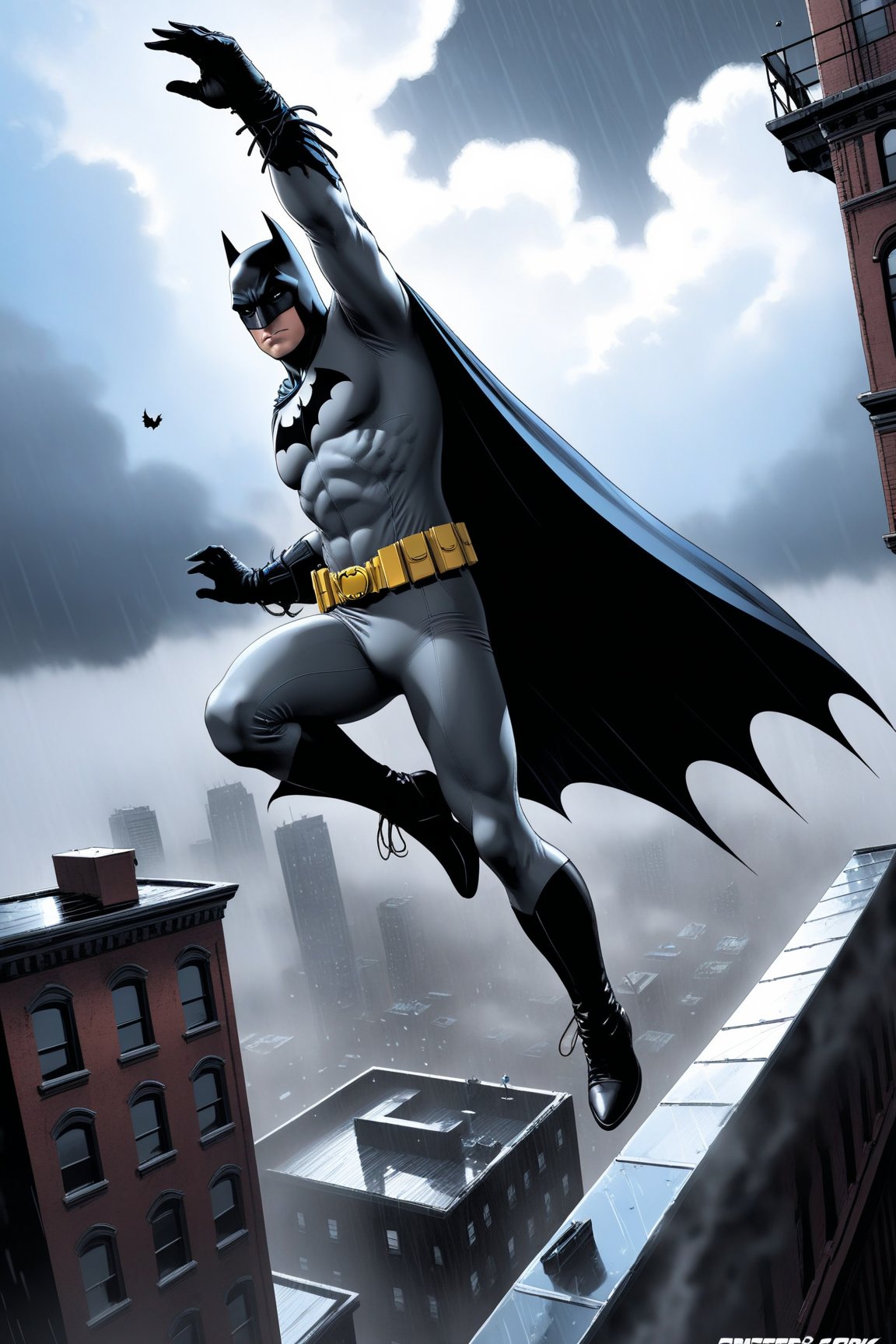 Digital illustration of Batman flying down from a building top,gloves,1boy,male focus,sky,cloud,cape,bodysuit, mask,bird,building,flying,city,superhero,rainy,very dark,view from the ground
BREAK
(rule of thirds:1.3),depth of perspective,studio photo,perfect composition,trending on artstation,finesse of pen and ink,by Frank Miller \(Sin City style\),(masterpiece,best quality,32K,UHD,sharp focus,high contrast), real_booster,art_booster,ani_booster