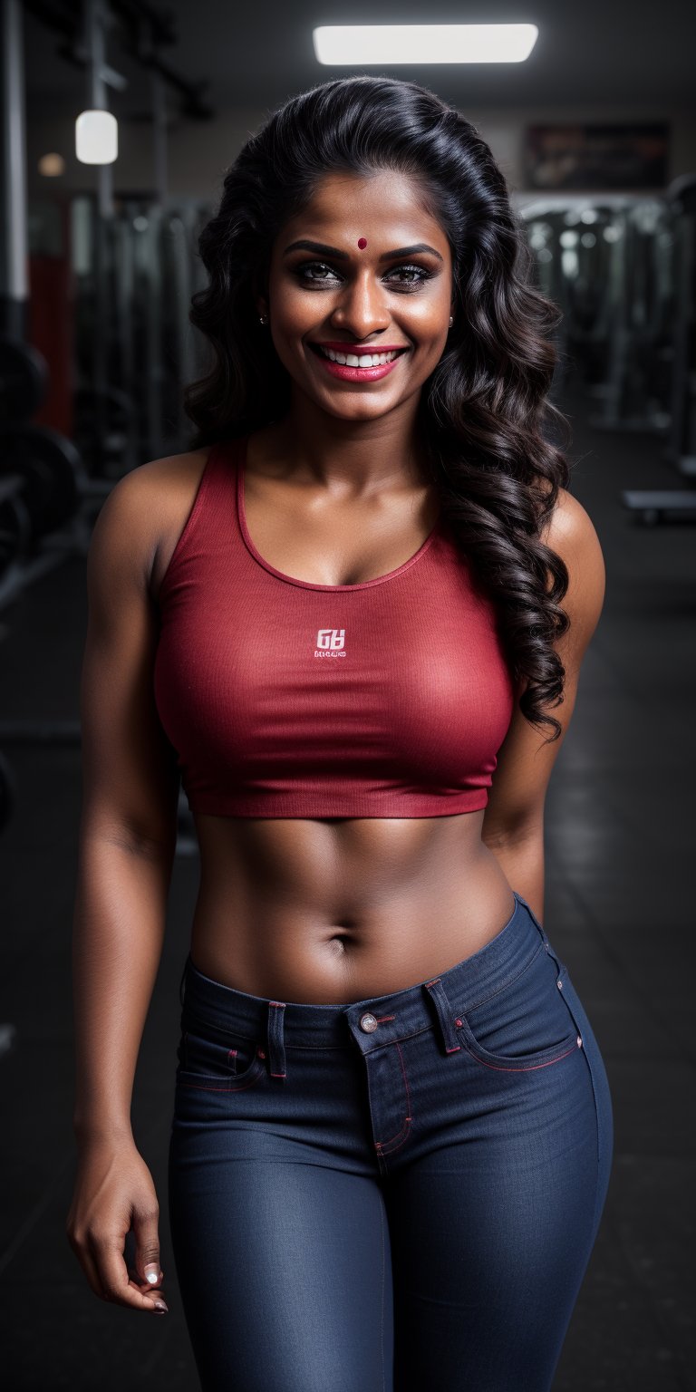  beautiful lady, big smile, dark makeup, hyperdetailed photography, soft light, head and shoulders portrait, cover, love,gym , red top jeans ,indian beauty