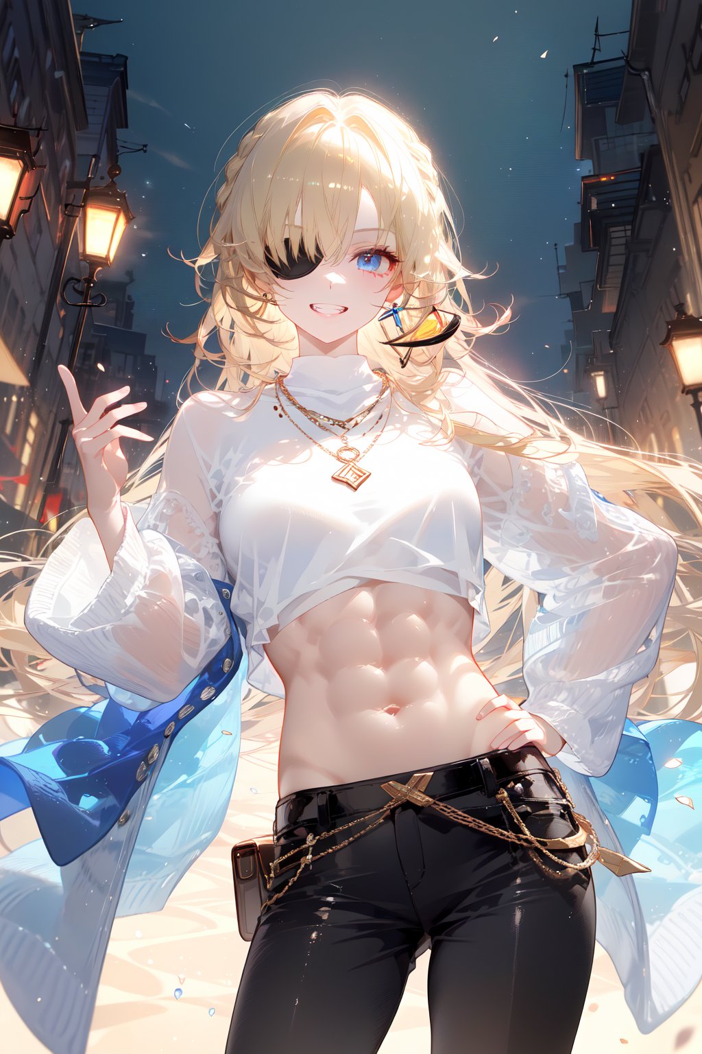  1boy, 1girl, solo, pseudo impasto, best quality, male focus, grin, teeth, eyepatch, tinted eyewear, blonde hair, long hair, hand on hip, sunglasses, black pants, white shirt, long sleeves, necklace, abs