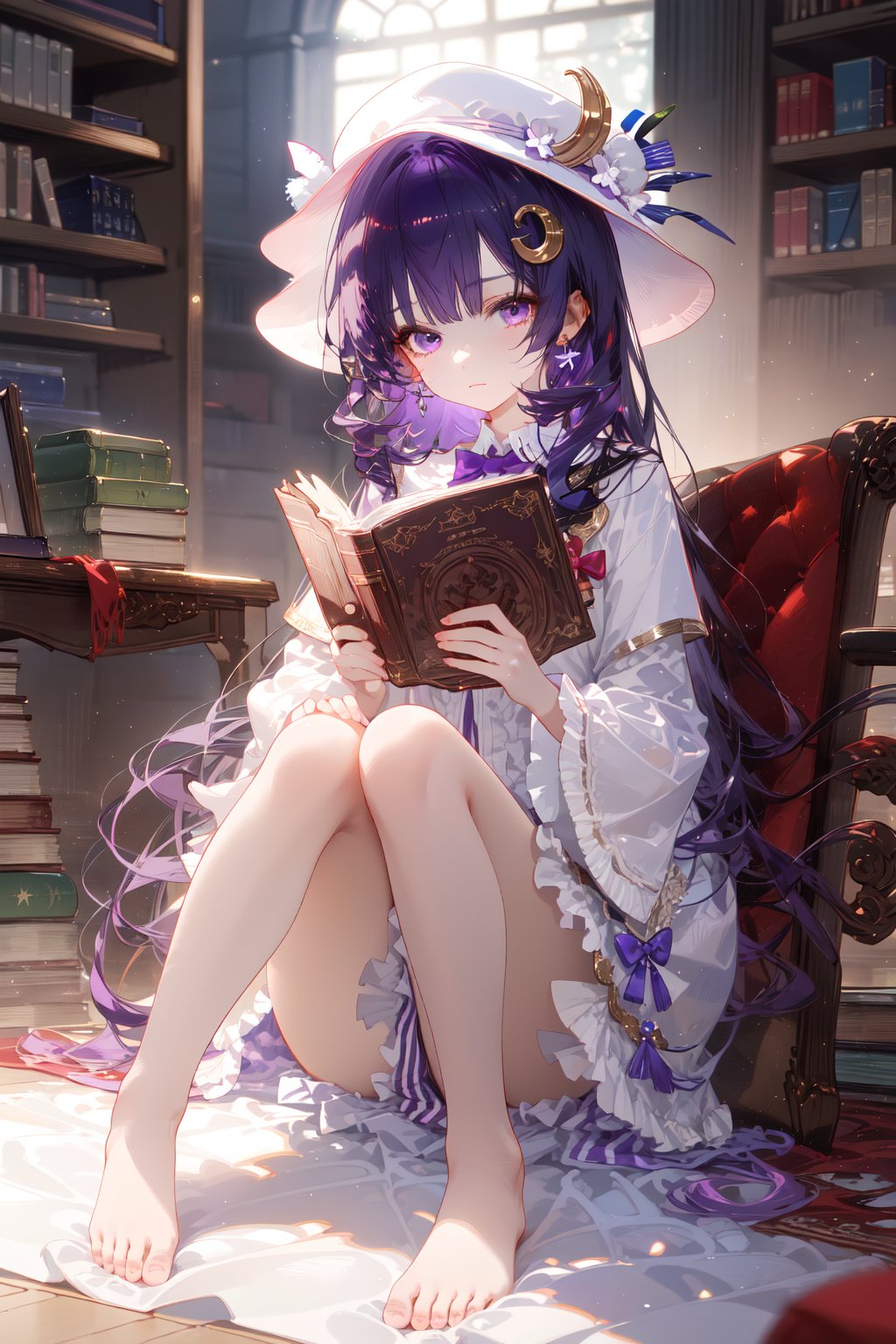  1girl, patchouli knowledge, solo, best quality, detailed, full body, sitting, looking at viewer, holding book, closed mouth, purple eyes, purple hair, very long hair, hair bow, bangs, barefoot, mob cap, crescent hat ornament, white dress, long dress, frills, bowtie, blue ribbon, wide sleeves, magic circle, bookshelf, red bow, open book, blue bow, library, capelet, pink headwear, floating book