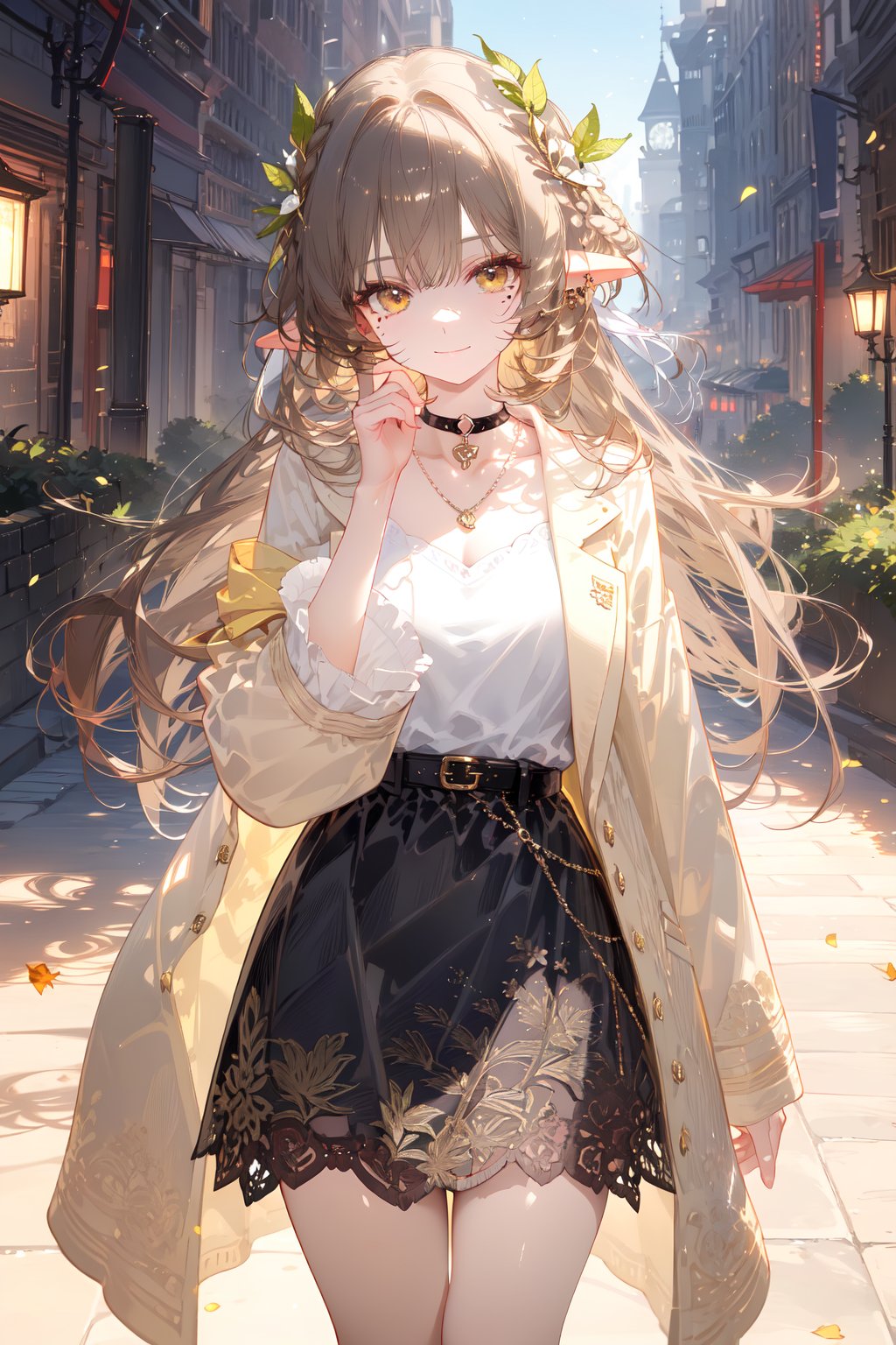 1girl, solo, long hair, pointy ears, coat, yellow eyes, white coat, looking at viewer, open coat, smile, open clothes, long sleeves, bangs, outdoors, very long hair, hand up, choker, dress, closed mouth, blunt bangs, cowboy shot, collarbone, wide sleeves, hair ornament, jewelry, standing, day, shirt, black choker, laurel crown, grey hair, feet out of frame, blonde hair, skirt, belt, black dress, mole under eye, grass, necklace, mole, white dress, black skirt, elf, brown hair, railing, hair intakes, indoors, light brown hair, white shirt, hand on own face, sidelocks, leaf