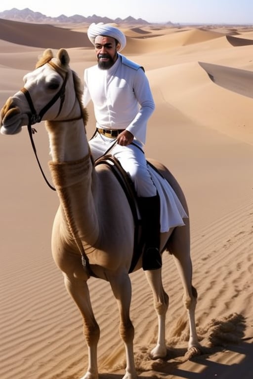 arabman,1boy, facial hair, male focus, riding, beard, desert, mustache, boots, outdoors, white pants, black hair, animal, Camel, solo, pants, what, day, white shirt, brown footwear, shirt
