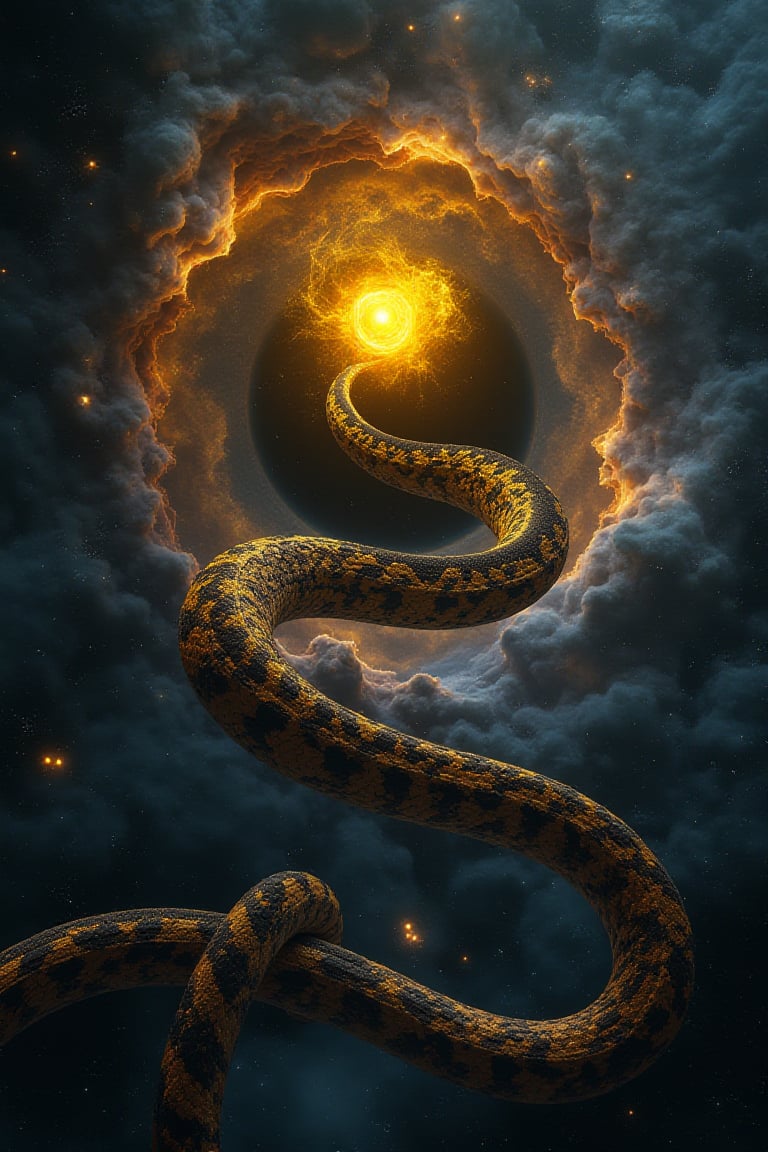 masterpiece, 8k, hdr, best quality, photography, analog style, real life, extremely beautiful, (highly detailed, intricately detailed),a snake created from a black hole, the universe and nebulae, the snake doing magic, the neon yellow magic ball