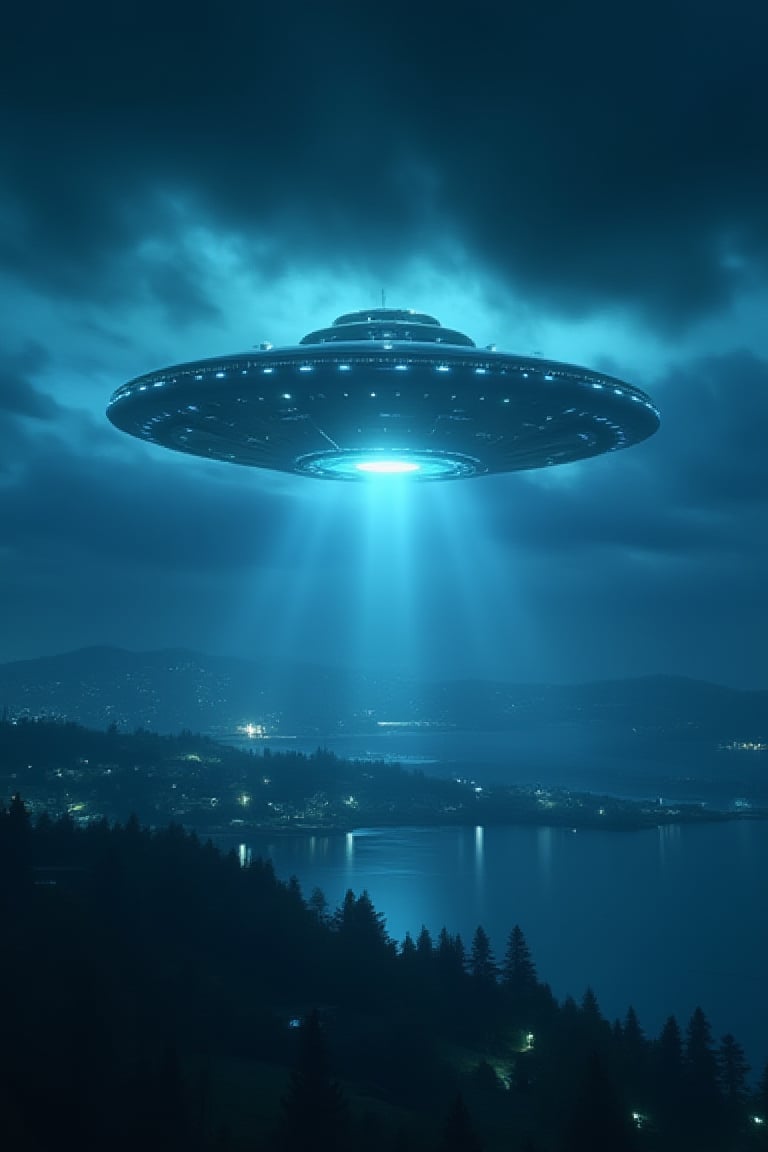 8k resolution extremelyrealistic very wide ufo spaceship inside a cloud hovering over SEATTLE WASHINGTON at night,clear night