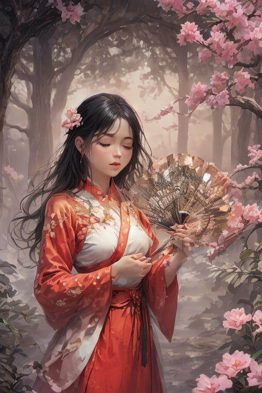 CNGirlPainting, multiple girls, 2girls, hair ornament, black hair, chinese clothes, hand fan, flower, holding fan, closed eyes, updo, holding, hair flower, long sleeves, standing, hanfu
 , solo