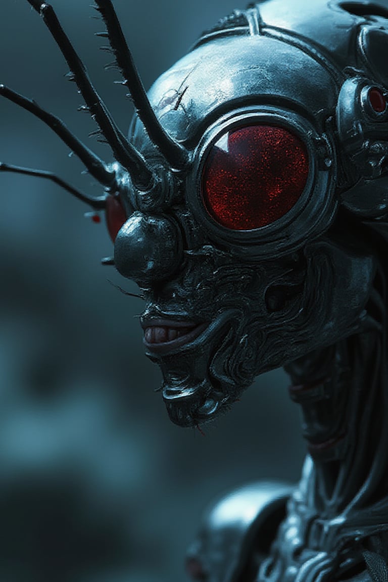 Create an image of a biomechanical creature with a low-cut exoskeleton, intimate and deep gaze, bright segmented captive gaze in deep reds, reflective silvers and dark blues. It includes a helmet-like head structure with thin, whip-like appendages extending from it. The eyes should be large, multifaceted like those of an insect. Add intricate patterns and textures that combine organic shapes with artificial design elements.