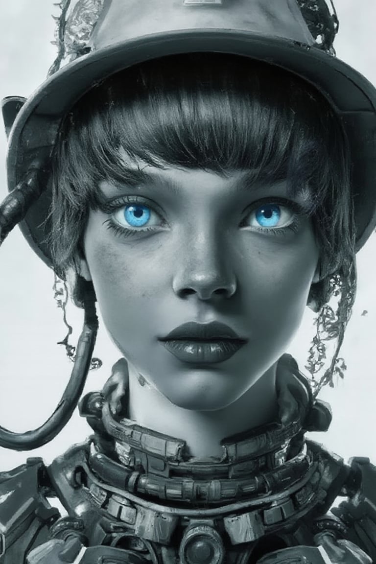 CyberX, 1girl, solo, android, science fiction, lips, portrait, blue eyes, monochrome, eyelashes, mechanical parts, robot joints, looking at viewer, cyberpunk, cable
