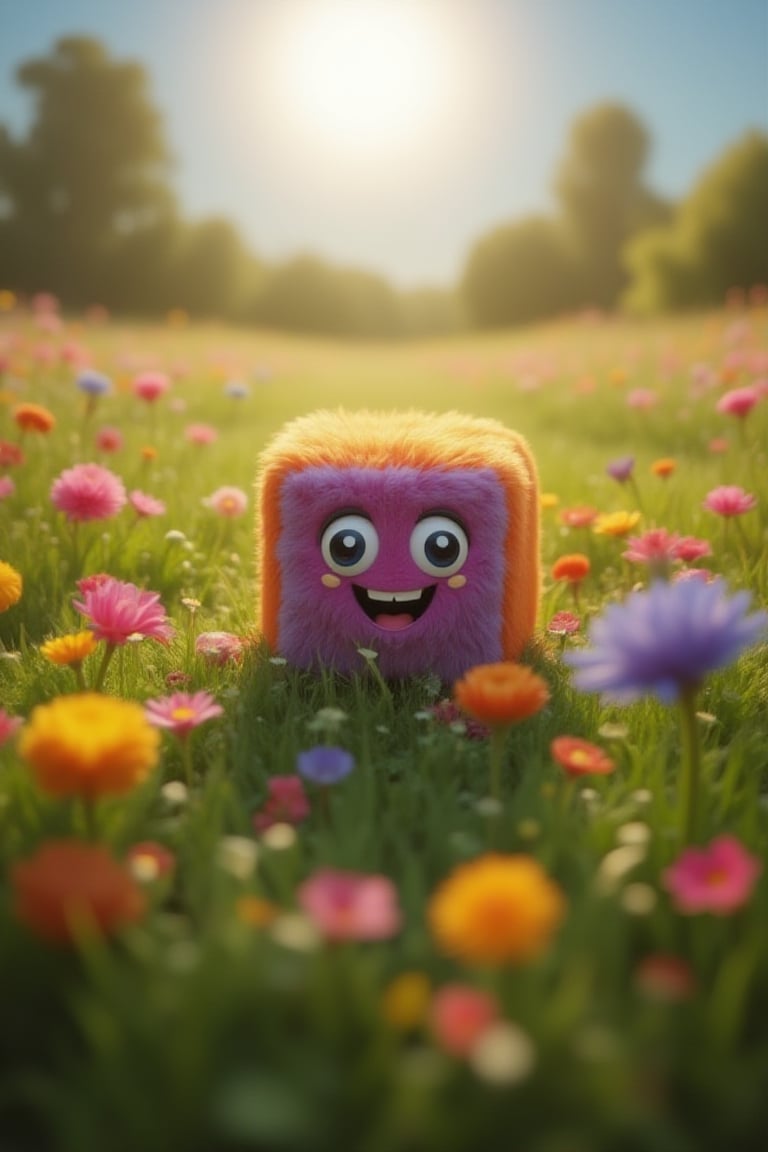 TenTen cube mascot radiates joy amidst a vibrant bouquet of colorful flowers in a lush meadow. From a low-angle perspective, the camera captures the mascot's beaming smile as they sit among the blooms, surrounded by soft focus petals and gentle greenery.,Anime 3D CGI-ABM