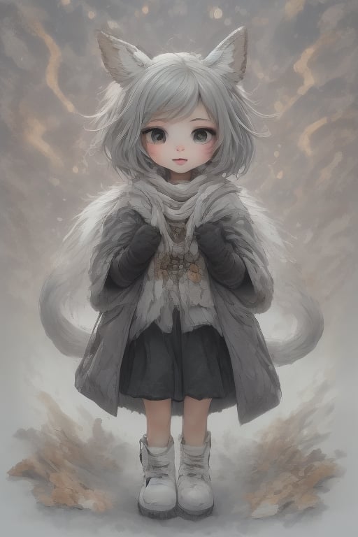 1girl, solo, looking at viewer, blush, short hair, simple background, gloves, white background, animal ears, jacket, tail, full body, grey hair, black gloves, scarf, coat, grey eyes, fox ears, sparkle, fox tail, white footwear