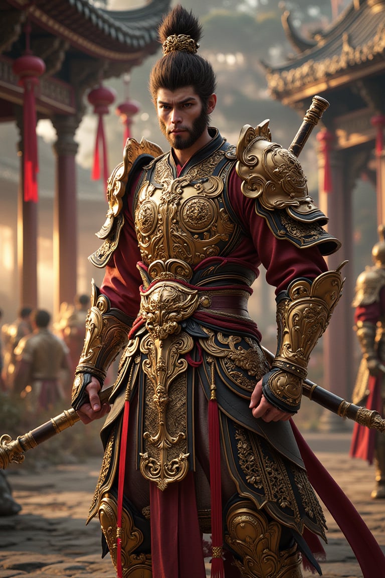 cnshenhou,facial hair,long sleeves,Golden armor,golden stick in hands,looking at viewer,male focus,sheath,solo,