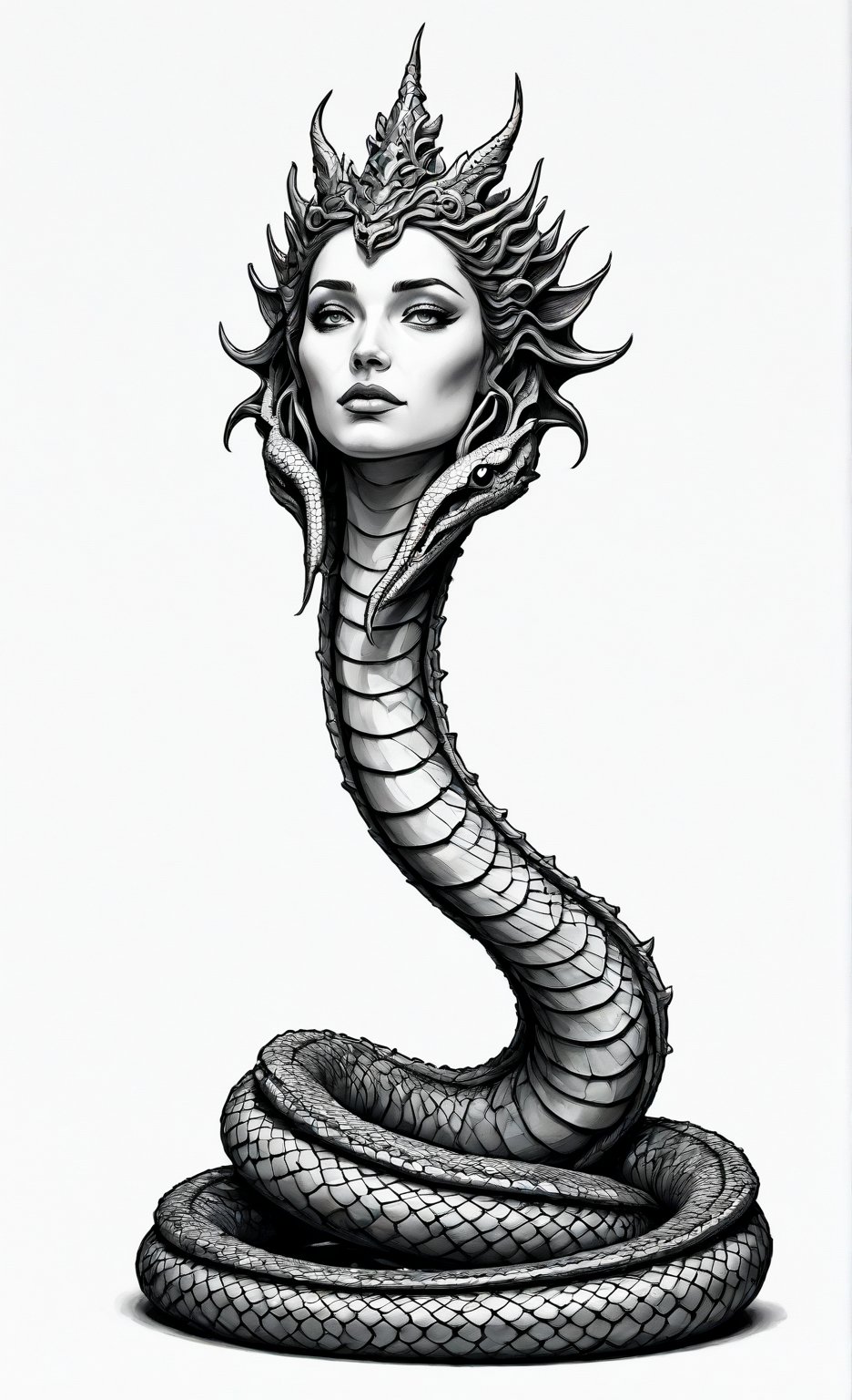 Style: Monochrome ink illustration with a high level of detail, emphasizing shadows and textures. Colors: Black and white with varying shades of gray, mythical creature, (((snake with human head))),SFW, (((flat chested))), The figure has a regal and ethereal appearance, with smooth, pale skin on the human face, scales of the snake.The head features elaborate, crown-like adornments that resemble scales or feathers, which add to the creature's mythical aura. The snake’s body is coiled in a spiral, with the tail end resting on the ground and the upper body rising elegantly. The scales are meticulously detailed, full body, solo, (((add ancient temple background))), profile, view from front, (((looking at viewer)))