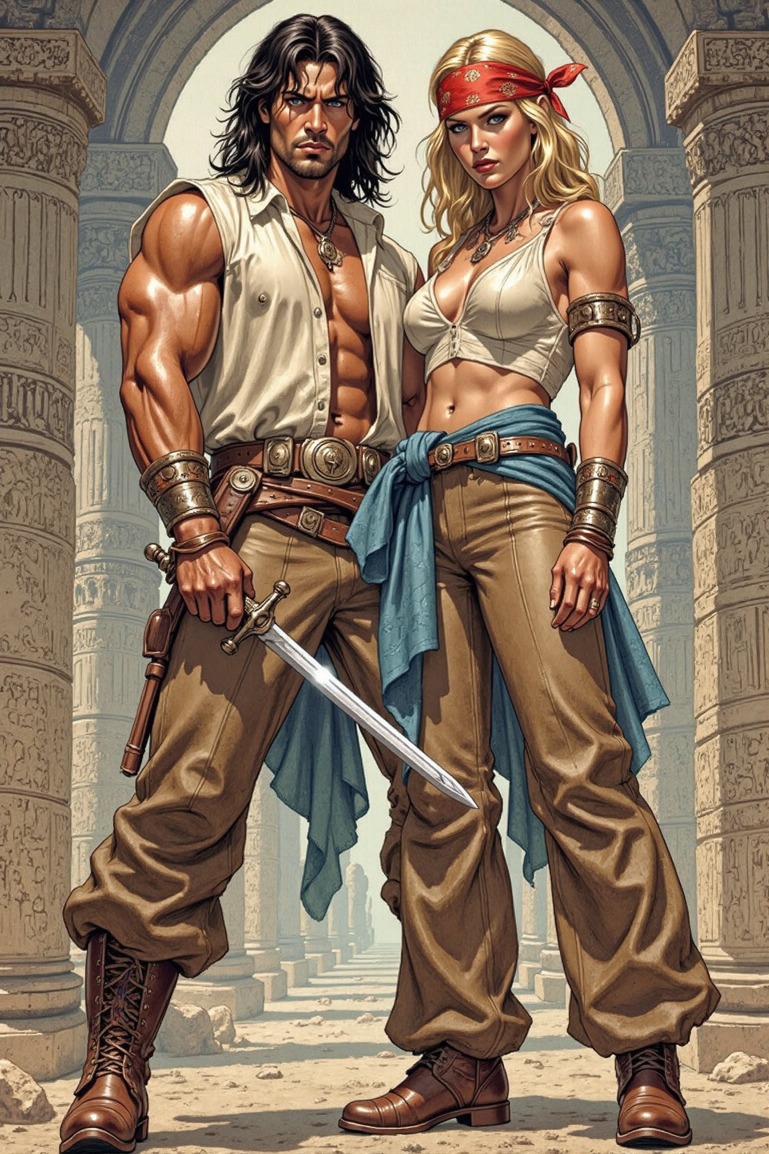 A detailed masterpiece magazine cover by Kentaro Muira, front view, 1 boy, Conan the barbarian/(sword in both hands, bronze skin, black hair, blue eyes)\ standing beside 1 girl,/( Female Physique: Tall, full-bosomed, large-limbed, compact shoulders Hair: Long, blonde, tied back with a red bandana worn across her brow Facial Expression: Determined, confident Attire:Top: Low-necked, wide-collared, open neck line,close fitting around the torso,white silk shirt. Pants: Wide-legged, brown breeches, knee-length Accessories: Wide blue silken sash at waist worn as a girdle, sword sheath on belt Footwear: Flared-top boots of soft leather, reaching almost to knees Art Style:Type: Digital illustration Color Scheme: Natural tones (browns, silvers, whites) Detail Level: Highly detailed, realistic Other Details:Pose: Standing with one leg forward, holding a sword in one hand, intense expression looking at viewer,)\ Aztec interior design ruins background,  (((text in Crom font that reads 'Red Nails' )))
