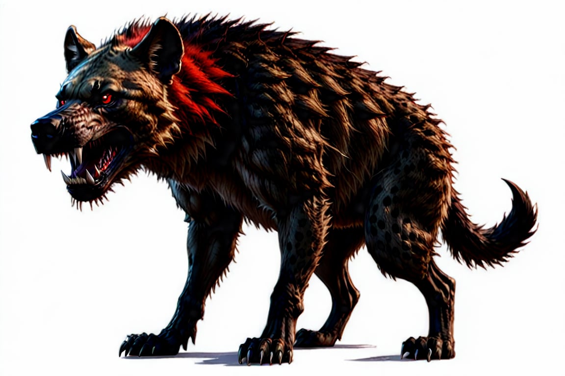 Character sheet, masterpiece,4k,full body,monster, hyena, demonic, red eyes, large as man, sharp fangs,white background ,comic book, 