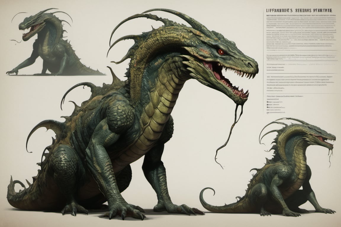 Character sheet, Eldritch Serpentine monster posed in a full-body shot from a side view, its broad reptilian head turned at an unnatural angle. The monstrous snake like visage features down-curving fangs that protrude over the lower jaw, giving an eerie appearance. Despite its gruesome countenance, the creature's eyes appear glazed and lifeless. Its hideous form shifts in color depending on the vantage point, creating a disorienting effect.