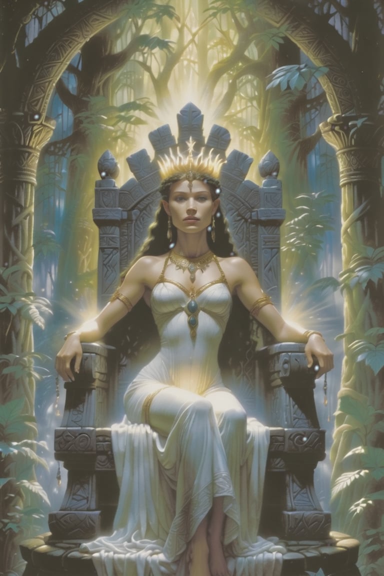 Drew Struzan style poster of A mystical Amazon queen sits regally upon her throne, shrouded in an aura of intrigue. Her piercing gaze, like a forest glade, beckons the viewer to part the curtain of mystery. Soft, ethereal lighting bathes her resolute features, while ancient carvings adorn the throne's ornate design. The dark, lush foliage surrounding her throne seems to whisper secrets only she knows.