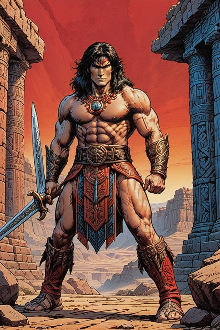 score_9, score_8_up, score_7_up,Create a movie poster In a bold, dark-lined cel-shaded art style reminiscent of Frank Cho's work, Conan stands tall in the midst of ancient Aztec ruins. His powerful physique is accentuated by his muscular build and sun- bronzed skin, with a stern expression and piercing blue eyes that seem to bore into the soul. The rugged terrain provides a gritty backdrop for this heroic pose, as he holds his sword at the ready.

Conan's attire consists of a worn loinloth made from animal hide, paired with leather bracers and greaves that add to his imposing stature. A leather belt wraps around his waist, adorned with a bronze buckle . His sturdy leather sandals or boots provide a sense of grounding amidst the ancient structures.

In the foreground, bold, black lines frame Conan's figure against the vibrant red text "RED_ NAILS" in a striking display of cinematic flair. The overall composition is one of dynamic tension, as if Conan is about to leap into action at any moment, ready to face whatever dangers lie ahead.,Masterpiece,comic book,digital artwork by Beksinski