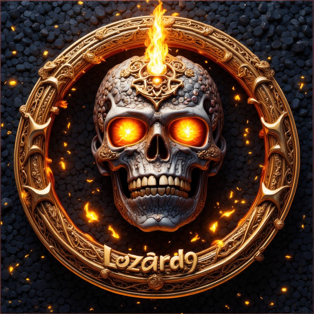 Capture the majesty of Lezard1989's logo: a jeweled burning skull centered within an powerful detailed frame, radiating strength and barbarism. . Boldly integrated below, the text ((('Lezard1989'))) radiates golden hue font, (best quality), (realistic, photo-realistic:1.3), (masterpiece:1.3), CG, unity, 8k, amazing, finely detail, ultra-detailed, highres, absurdres, ((ultra-detailed)), ((highly detailed CG illustration)), ((an extremely delicate and beautiful)), cinematic light, cinematic compotision, best shadow