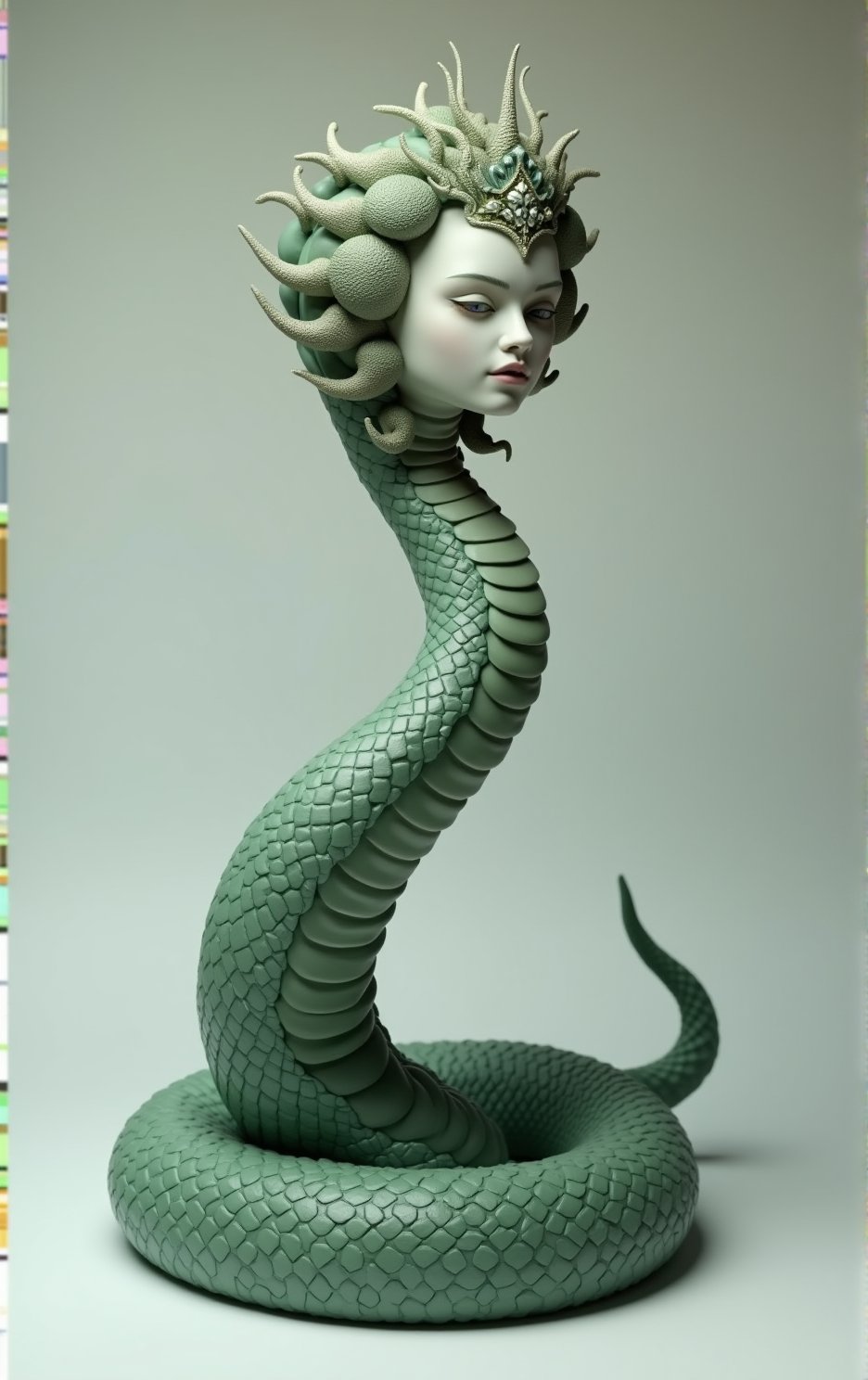 detailed sculpture or digital artwork,  mythical creature, (((snake with human head))),SFW, (((flat chested))), The figure has a regal and ethereal appearance, with smooth, pale skin on the human face, green scales of the snake.The head features elaborate, crown-like adornments that resemble scales or feathers, which add to the creature's mythical aura. The snake’s body is coiled in a spiral, with the tail end resting on the ground and the upper body rising elegantly. The scales are meticulously detailed, full body, solo, simple background, profile, view from front, (((looking at viewer)))