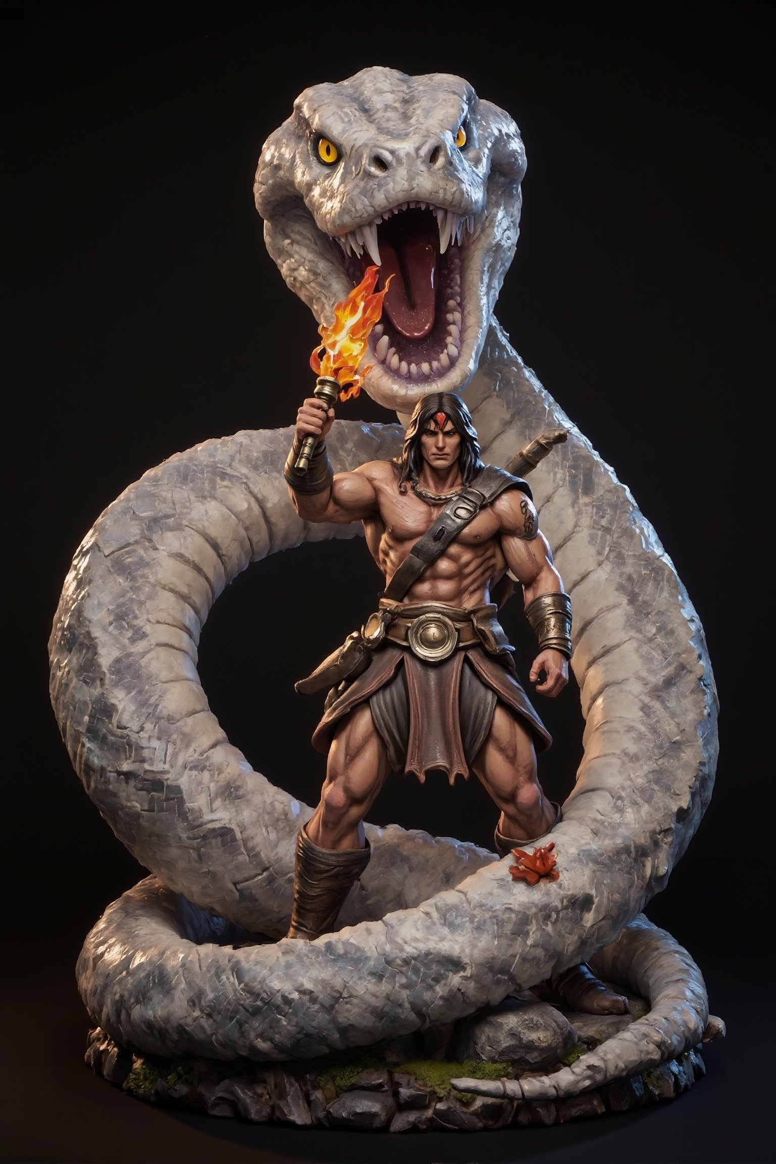  a figurine Character Model made from resin with High-Quality, Game-Design Style, Ensuring Exceptional Detail and Realism", 8k, masterpiece,, ultra  realistic,, front view, Conan the barbarian holding fire torch illuminating, intense expression,  ((a giant white snake with yellow eyes)) , is in his path, threating head raised, coiled around Conan, simple background, l',Resin