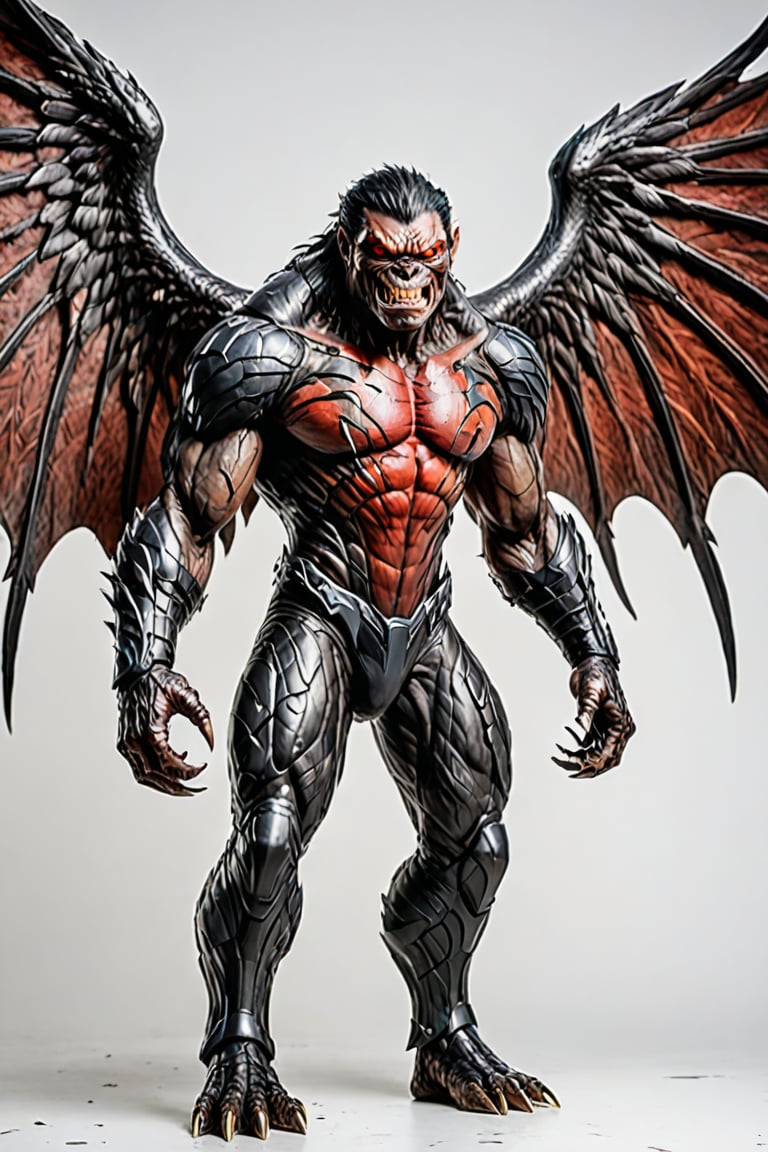 score_9, score_8_up, score_7_up, score_6_up, score_9, score_8_up, score_8, Character sheet, masterpiece,4k,monster,ape like body, wings on its back,gigantic manlike form, with broad bat-like wings, short and bowed legs, huge arms, black talon nails, a malformed head, blood-red eyes. It is covered in black hair. Malicious grin, Large, up to twice human size (roughly 8' tall and 600 lbs) white background ,comic book