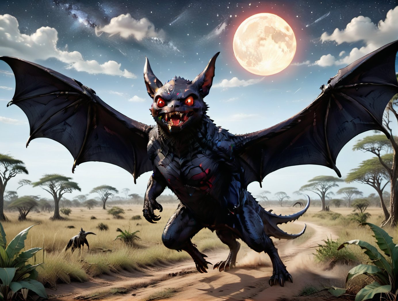 score_9, score_8_up, score_7_up, monster, bat like, giant, dark wings, obsidian fleshy skin, red eyes, large fangs, eldritch abomination. Flying,  starry Dark night upon an African savanna background,more detail XL,comic book