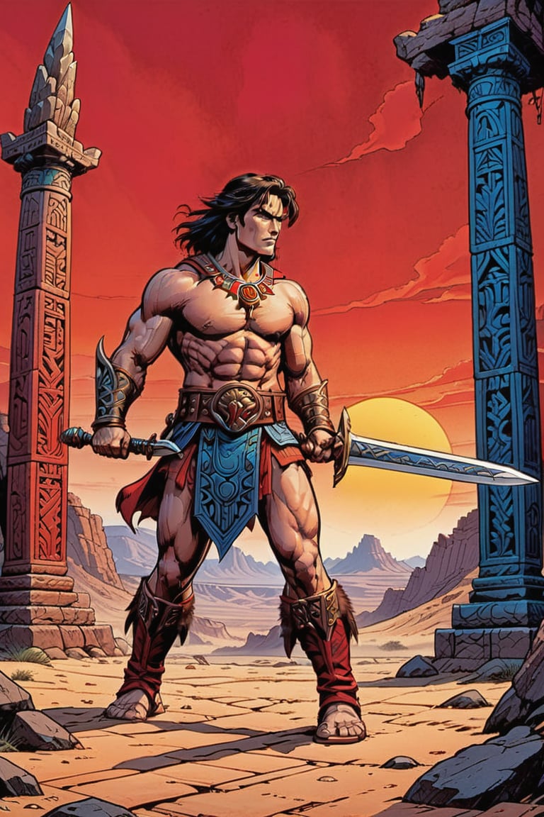 score_9, score_8_up, score_7_up,Create a movie poster In a bold, dark-lined cel-shaded art style reminiscent of Frank Cho's work, Conan stands tall in the midst of ancient Aztec ruins. His powerful physique is accentuated by his muscular build and sun- bronzed skin, with a stern expression and piercing blue eyes that seem to bore into the soul. The rugged terrain provides a gritty backdrop for this heroic pose, as he holds his sword at the ready.

Conan's attire consists of a worn loinloth made from animal hide, paired with leather bracers and greaves that add to his imposing stature. A leather belt wraps around his waist, adorned with a bronze buckle . His sturdy leather sandals or boots provide a sense of grounding amidst the ancient structures.

In the foreground, bold, black lines frame Conan's figure against the vibrant red text "RED_ NAILS" in a striking display of cinematic flair. The overall composition is one of dynamic tension, as if Conan is about to leap into action at any moment, ready to face whatever dangers lie ahead.,Masterpiece,comic book,digital artwork by Beksinski