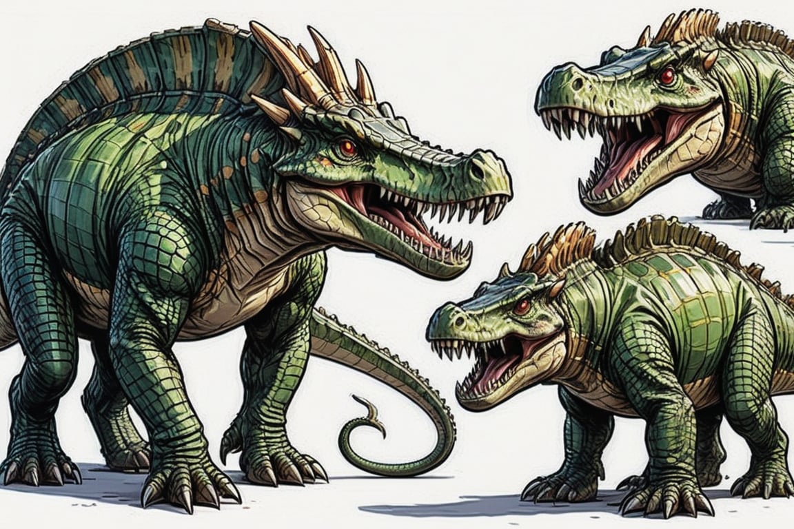 (Character Sheet),full body, quadratic mastodon sized reptilian creature with a crocodile-like head,snake like eyes,tusk like teeth, spikes on its back like a stegosaurus, no wings, four ridiculously short paws, scorpion like tail with spikes on its tail, 1 Man to show size scale.white background,comic book