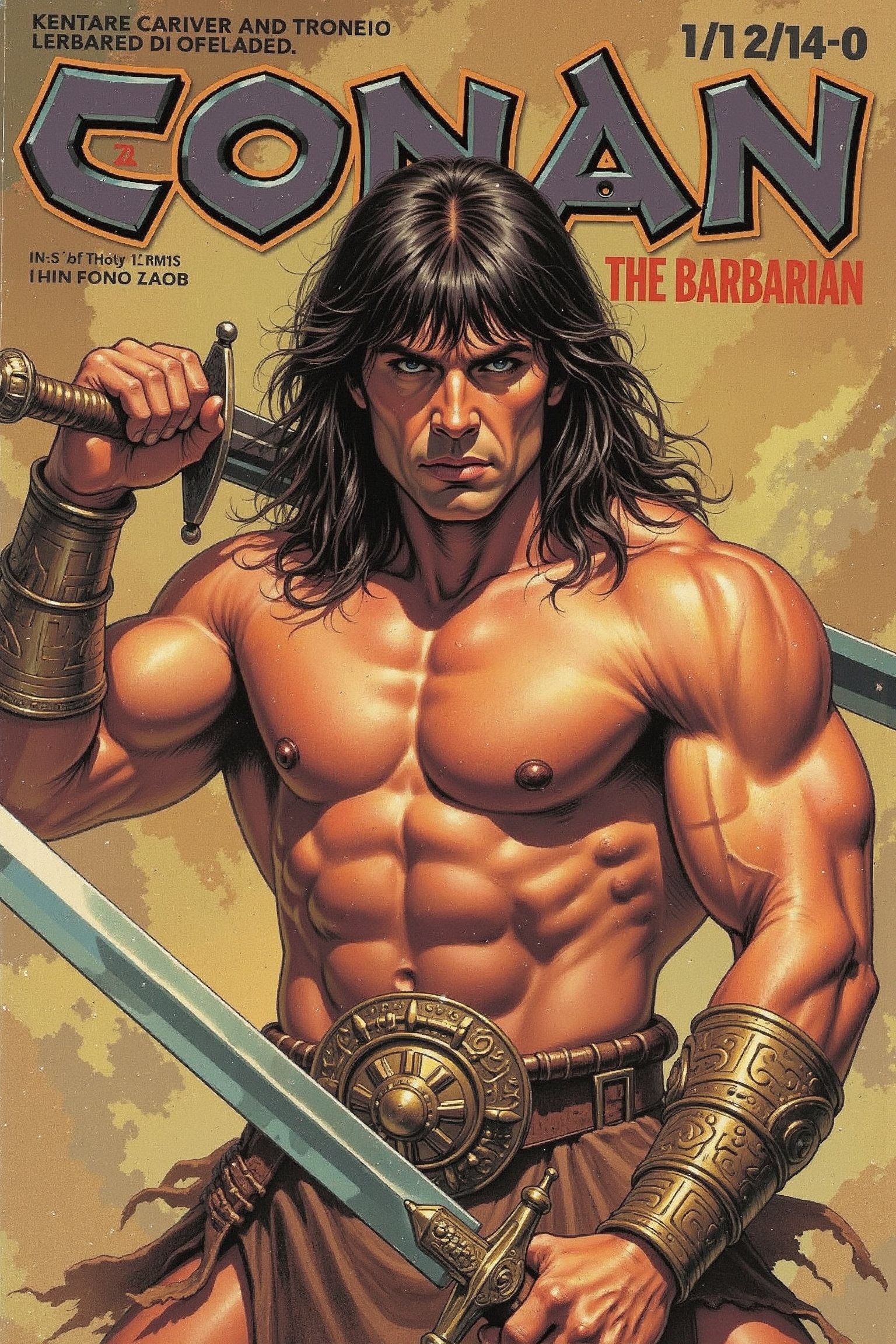 A detailed masterpiece magazine cover by Kentaro Muira, front view, Conan the barbarian holding large sword in both hands, intense expression looking at viewer, text in Crom font that reads 'Conan the Barbarian'
