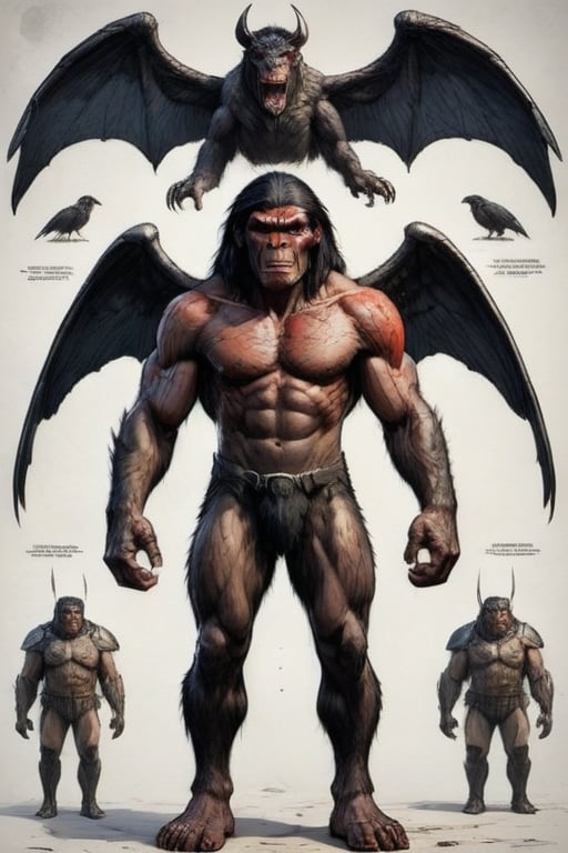 Character sheet, Homo erectus,ape like, wings on its back,gigantic manlike form, with broad bat-like wings, short and bowed legs, huge arms, black nails, a malformed head, and blood-red eyes. It is covered in black hair. Large, up to twice human size (roughly 8' tall and 600 lbs) white background ,comic book