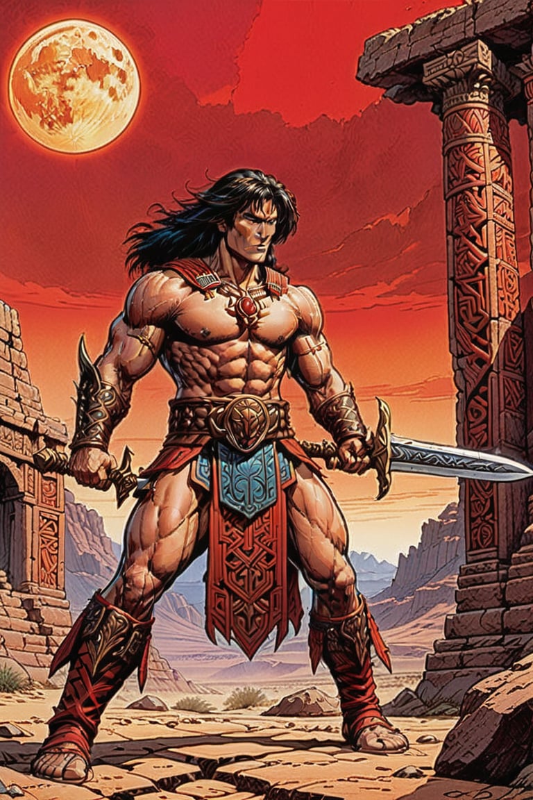 score_9, score_8_up, score_7_up,Create a movie poster In a bold, dark-lined cel-shaded art style reminiscent of Frank Cho's work, Conan stands tall in the midst of ancient Aztec ruins. His powerful physique is accentuated by his muscular build and sun- bronzed skin, with a stern expression and piercing blue eyes that seem to bore into the soul. The rugged terrain provides a gritty backdrop for this heroic pose, as he holds his sword at the ready.

Conan's attire consists of a worn loinloth made from animal hide, paired with leather bracers and greaves that add to his imposing stature. A leather belt wraps around his waist, adorned with a bronze buckle . His sturdy leather sandals or boots provide a sense of grounding amidst the ancient structures.

In the foreground, bold, black lines frame Conan's figure against the vibrant red text "RED_ NAILS" in a striking display of cinematic flair. The overall composition is one of dynamic tension, as if Conan is about to leap into action at any moment, ready to face whatever dangers lie ahead.,Masterpiece,comic book,digital artwork by Beksinski