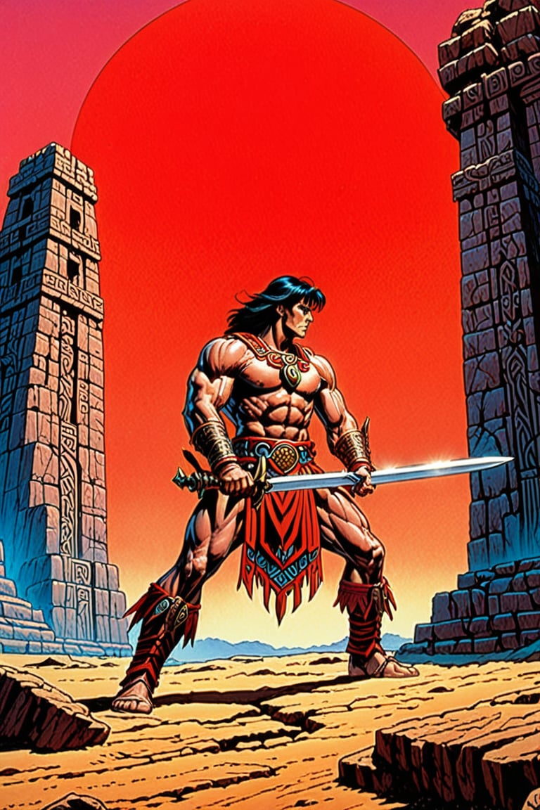 score_9, score_8_up, score_7_up,Create a movie poster In a bold, dark-lined cel-shaded art style reminiscent of Frank Cho's work, Conan stands tall in the midst of ancient Aztec ruins. His powerful physique is accentuated by his muscular build and sun- bronzed skin, with a stern expression and piercing blue eyes that seem to bore into the soul. The rugged terrain provides a gritty backdrop for this heroic pose, as he holds his sword at the ready.

Conan's attire consists of a worn loinloth made from animal hide, paired with leather bracers and greaves that add to his imposing stature. A leather belt wraps around his waist, adorned with a bronze buckle . His sturdy leather sandals or boots provide a sense of grounding amidst the ancient structures.

In the foreground, bold, black lines typography frame Conan's figure against the vibrant red text that reads "RED_NAILS" in a striking display of cinematic flair. The overall composition is one of dynamic tension, as if Conan is about to leap into action at any moment, ready to face whatever dangers lie ahead.,Masterpiece,comic book,digital artwork by Beksinski