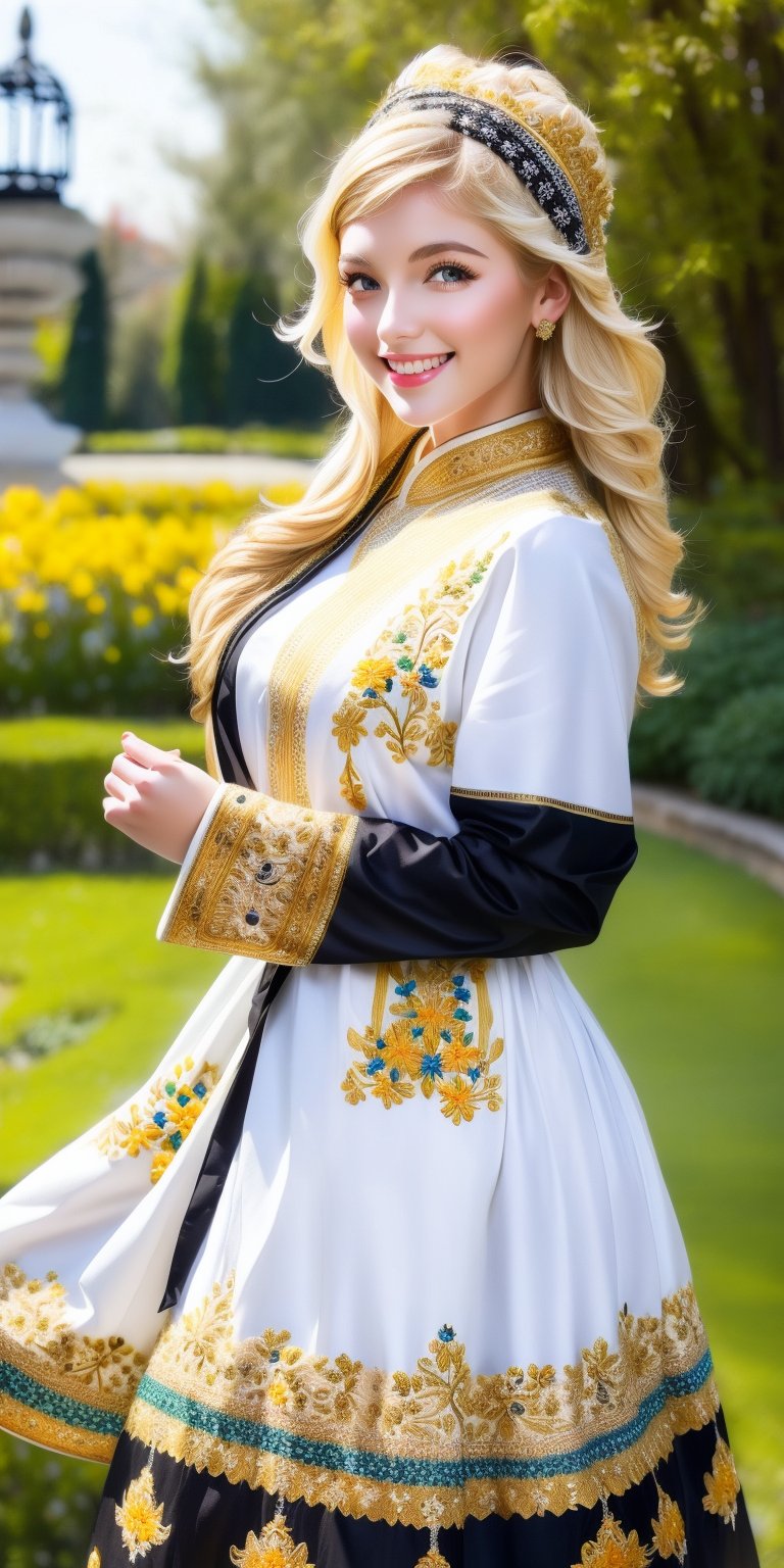 1girl, Beautiful young woman, blonde, smiling, (in beautiful Ukrainian national costume embroidery ornament white, black), sunny day, botanical garden, realistic