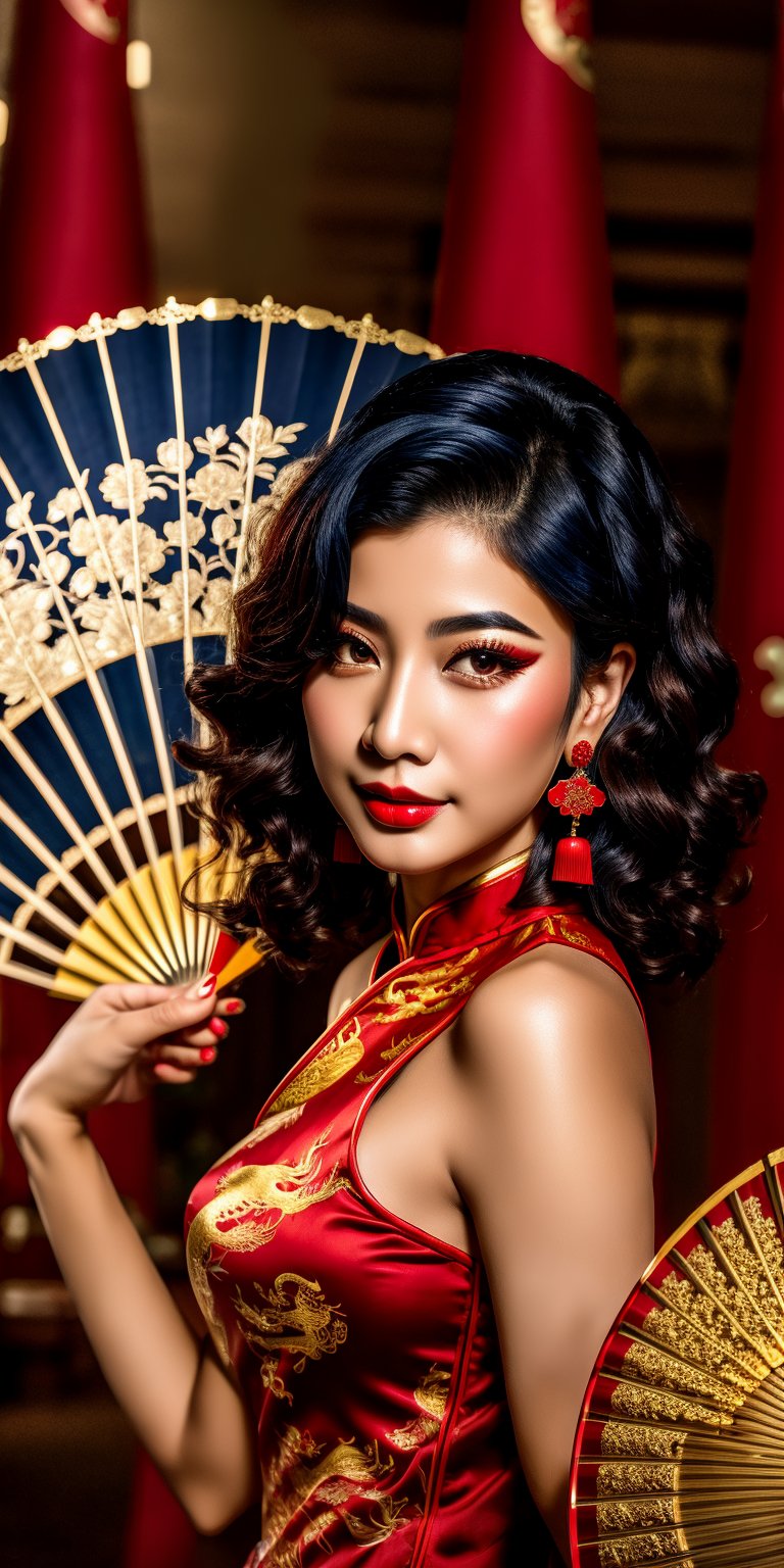 a beautiful and cute Woman wearing a red cheongsam with gold dragon motif, disfigured forms, short dark blue hair, big breats, holding hand-held fan, came down while random sexy pose at Hangzhou, china and her friend took a photo
.
Hangzhou, china masterpiece, photorealistic, best quality, skin details, 8k intri, HDR, half body, cinematic lighting, sharp focus, eyeliner, lips, earrings, hmmikasa, long hair,