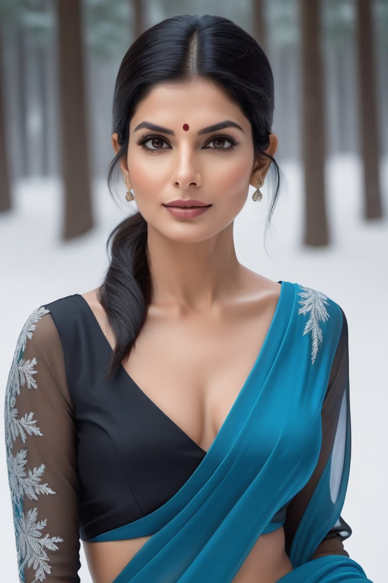 craft a hyper realistic vertical photo of Indian most attractive serious woman in her 30s, sleek, highly detailed, formal,  determined, colorized, smooth, charming, pretty, soft smile, soft lips, black eyes, Blue bikini, 25 year woman, on knees, winter forest, snow wind, cold atmosphere, shot from front, side view, anne hathway, create a hyper realistic vertical photo of Indian most attractive woman in her 30s, Trendsetter wolf cut black hair, trending on artstation, portrait, digital art, modern, sleek, highly detailed, formal, determined, 36D ,  fairy tone, black transparent saree,  Sandra Bullock