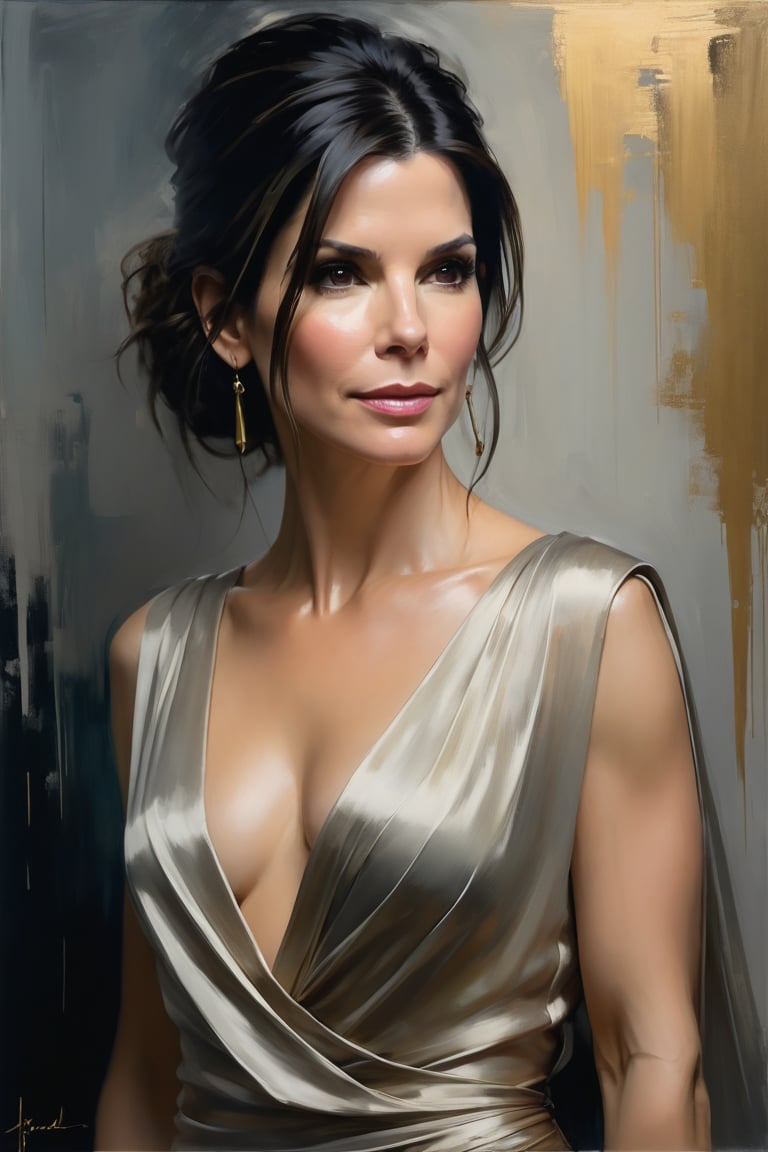 Jeremy Mann's oil painting masterclass: Sandra Bullock's stunning portrait, set against a subtle gradient background, showcases her regal presence. The Trendsetter wolf cut hair flows like a waterfall down her back, while the blouse and saree frame her 38C bust. Volumetric lighting accentuates her gentle features as heavy brushstrokes and layered shading create a textured, otherworldly atmosphere. Golden ratio guides the viewer's gaze to her determined eyes, radiating a fairy-like tone. Rich colors bring depth and dimensionality to this award-winning masterpiece.