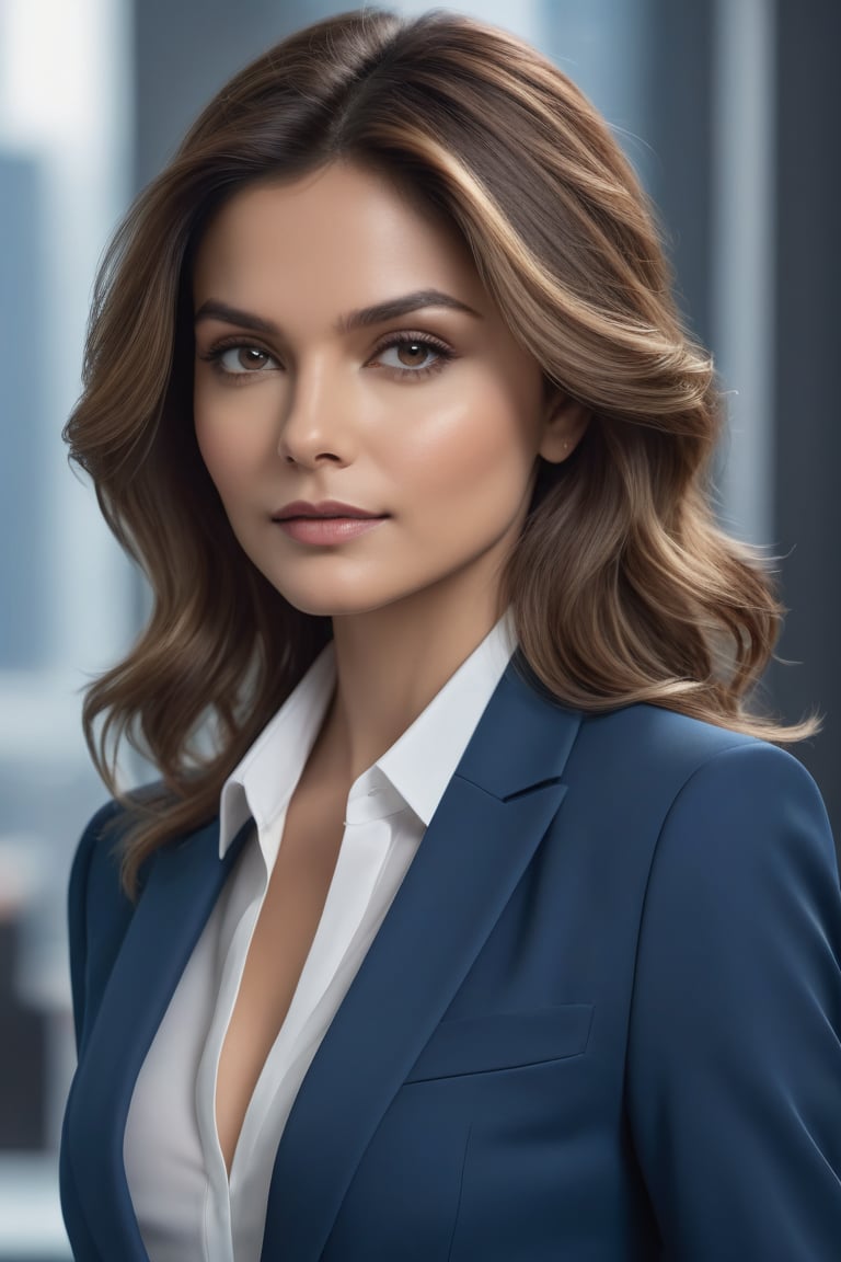 create a hyper realistic vertical photo of Indian most attractive woman in her 20s, ight brown hair, trending on artstation, portrait, digital art, modern, sleek, highly detailed, formal, determined, blue business suit, 36D ,  fairy tone, Michelle Pfeiffer
