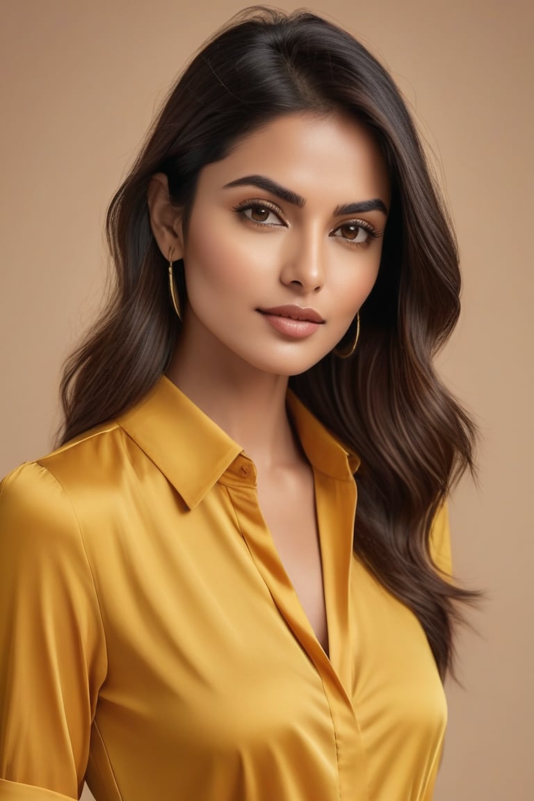 Vertical portrait of a stunning Indian woman in her 30s, dressed in sun-kissed yellow shirt dress, exuding confidence and determination against smooth, colorized background. Her Trendsetter wolf-cut brown hair frames her striking features, soft smile and full lips hinting at secrets. Black eyes gleam with intensity, plotting next big move. Hyper-realistic rendering highlights subtle hair details, delicate folds of dress, showcasing sharp jawline and chiseled features.