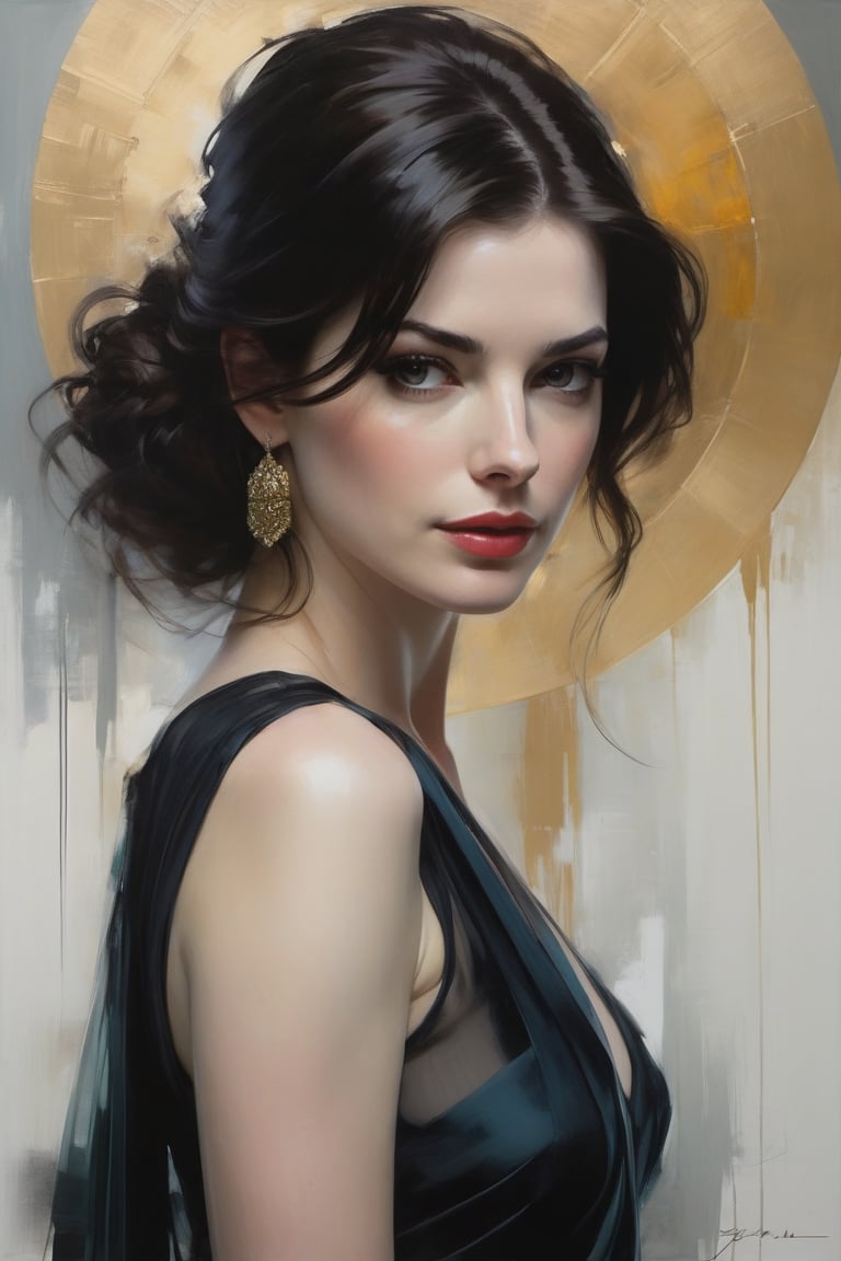 Jeremy Mann's oil painting presents Anne hathway in an exquisite portrait, donning an elegant blouse and flowing transparent saree against a subtle background. The Trendsetter wolf cut black hair flows down her back like a waterfall, framing the 38C bust perfectly. Volumetric lighting accentuates her facial curves, while heavy brushstrokes and layered shading create a textured image reminiscent of Carne Griffiths' work. The golden ratio guides the eye to her symmetric eyes, radiating determination. Rich colors bring this masterpiece to life, with perfect composition and sharp focus adding depth and dimensionality.