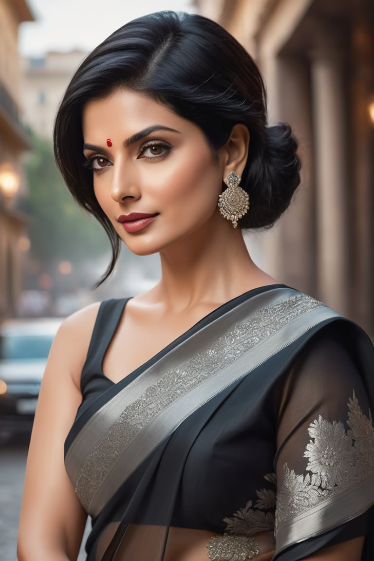 create a hyper realistic vertical photo of Indian most attractive woman in her 40s, Trendsetter wolf cut black hair, trending on artstation, portrait, digital art, modern, sleek, highly detailed, formal, determined, wearing saree, in venisce city france, 36D , fairy tone, fair skin, flirty gaze, anne hathway