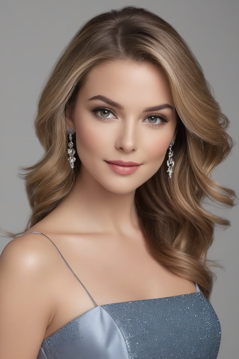 A stunning caucasian woman in her early twenties stands confidently, gazing directly into the camera. Her light brown hair is styled in a sleek, modern bob, framing her heart-shaped face. She wears a formal, high-neckline blue business suit that accentuates her toned physique, complemented by her 36D bust. The fairy tone lighting creates a warm, ethereal glow around her features. With determination etched on her expression, she exudes confidence and poise, reminiscent of Michelle Pfeiffer's iconic roles. Her piercing brown eyes seem to bore into the soul, as if daring anyone to challenge her. Shot from a slight angle, the vertical composition draws attention to her striking figure, set against a subtle, gradient background that subtly complements her attire.