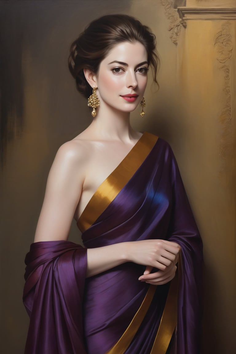 Award-winning portrait of Anne Hathway as Mozart's female counterpart, draped in a stunning Saree. Medium-long, fuzzy hair cascades down her back like a waterfall of night. Her face is a masterpiece of layered shading, with volumetric lighting that seems to dance across the surface. The golden ratio guides the composition, drawing the viewer's eye to her breathtakingly symmetric eyes. Perfect focus and depth of field create a sense of depth, as if she's stepping out of the frame. Heavy brushstrokes and paint drips add texture to the oil painting, rich with deep colors that seem to pulse with life.