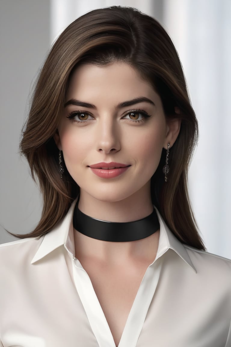 craft a hyper realistic vertical photo of Indian most attractive serious woman in her 30s in black-white shirt suit dress, Choker Necklace Belt, extra big chest, 36D, Trendsetter wolf cut brown hair, trending on artstation, portrait, digital art, modern, sleek, highly detailed, formal, serious, determined, CEO, colorized, smooth, charming, pretty, soft smile, soft lips, black eyes, anne hathway