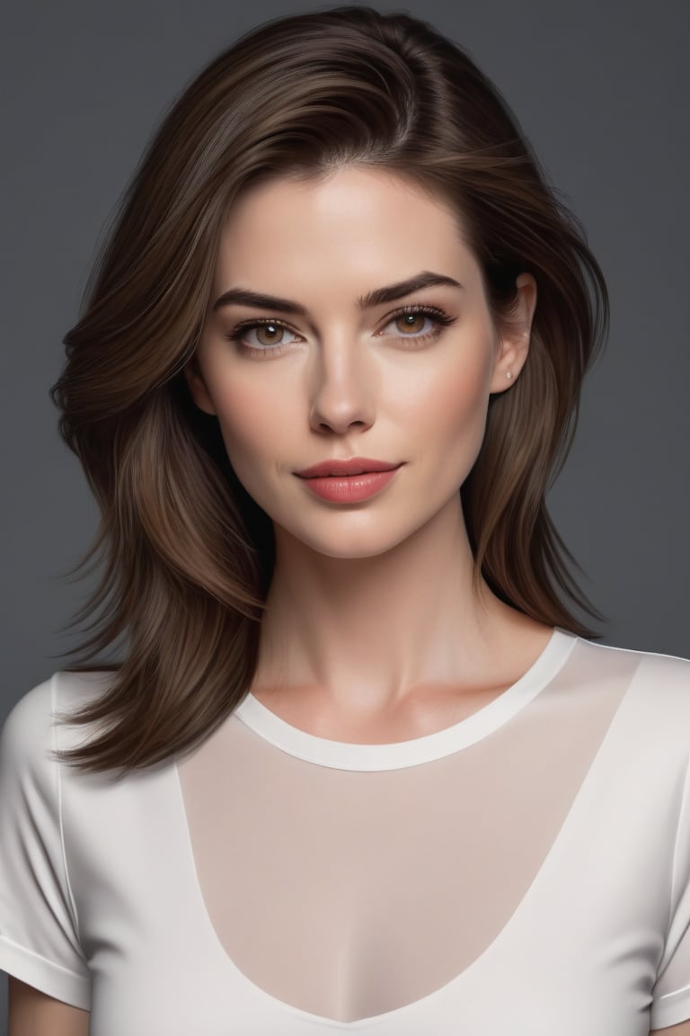 craft a hyper realistic vertical photo of most attractive serious woman in her 30s in T-shirt Dresses, trending on artstation, portrait, digital art, modern, sleek, highly detailed, formal, serious, determined, CEO, colorized, smooth, charming, pretty, soft smile, soft lips, black eyes, Trendsetter wolf cut brown hair, anne hathway,