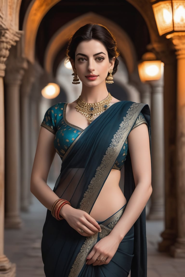 In this captivating shot, the Indian woman stands tall amidst Venice City's timeless beauty, her wolf cut black hair framing her striking features. A stunning saree adorns her lithe figure, its intricate patterns glimmering under soft fairy lights. Her porcelain skin radiates a subtle sheen, and her piercing gaze exudes determination as she confidently poses against ancient architecture. The vertical composition accentuates her 36D curves, showcasing Anne Hathaway-like features that shine through with poise.