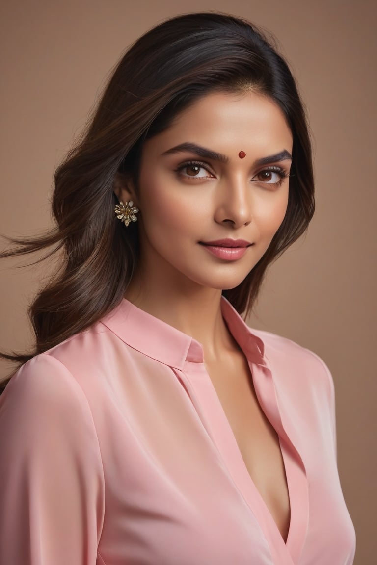 Vertical portrait of a stunning Indian woman in her 30s, dressed in a sun-kissed pink shirt dress, exuding confidence and determination. Her Trendsetter wolf-cut brown hair falls softly around her face, framing her striking features. Deepika Padukone-esque charm radiates from her soft smile and full lips, which seem to hint at a thousand secrets. Her black eyes gleam with intensity, as if plotting the next big move in the corporate world - she's a CEO, after all. The sleek, modern composition is set against a smooth, colorized background, emphasizing the subject's sharp jawline and chiseled features. Every detail, from the subtle highlights on her hair to the delicate folds of her dress, is rendered with hyper-realistic precision, making this digital art piece truly breathtaking.